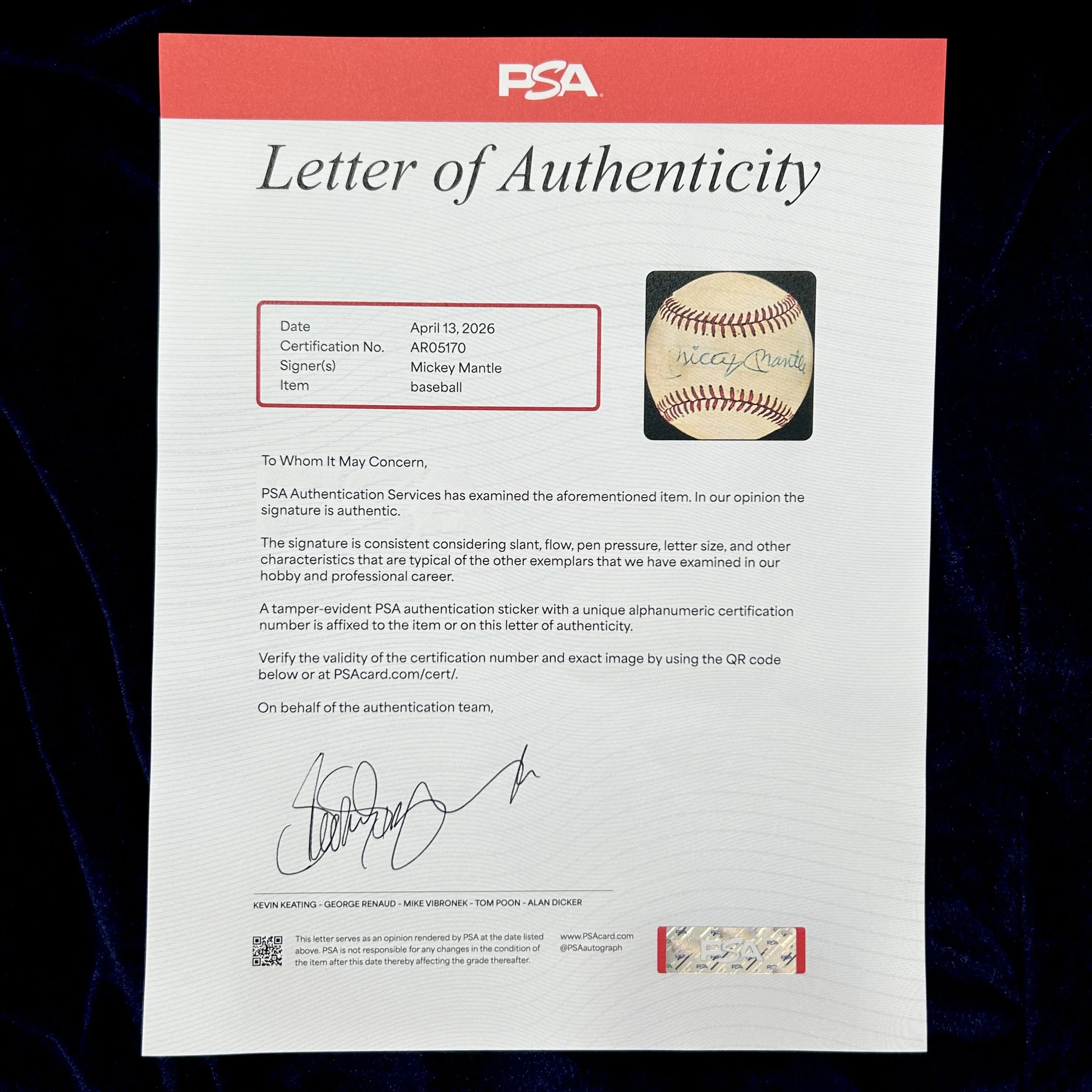 Mickey Mantle Signed Official American League Baseball. PSA