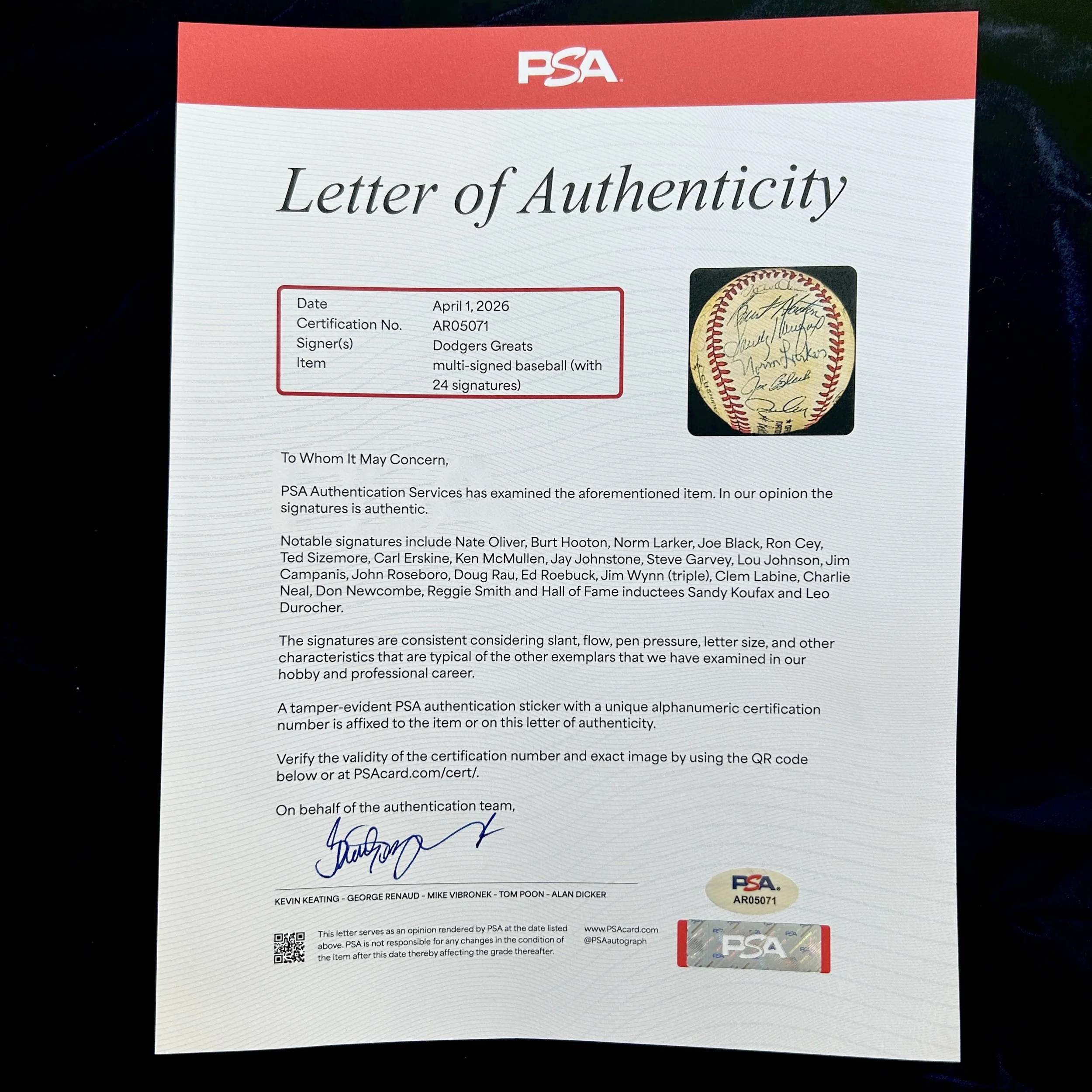 Dodgers Greats Multi-Signed (24) Official National League Baseball. Sandy Koufax, Leo Durocher. PSA