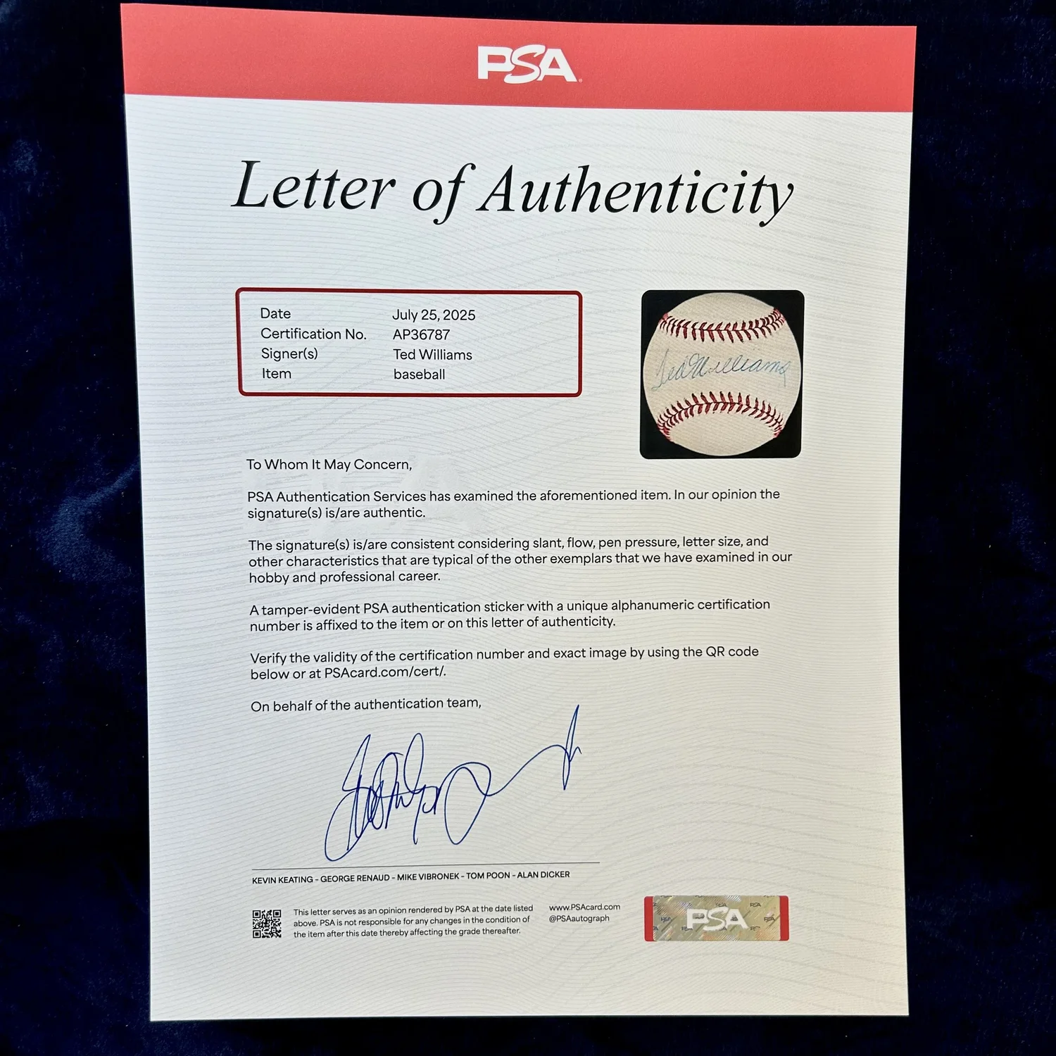 Ted Williams Signed Official American League Baseball. PSA — The