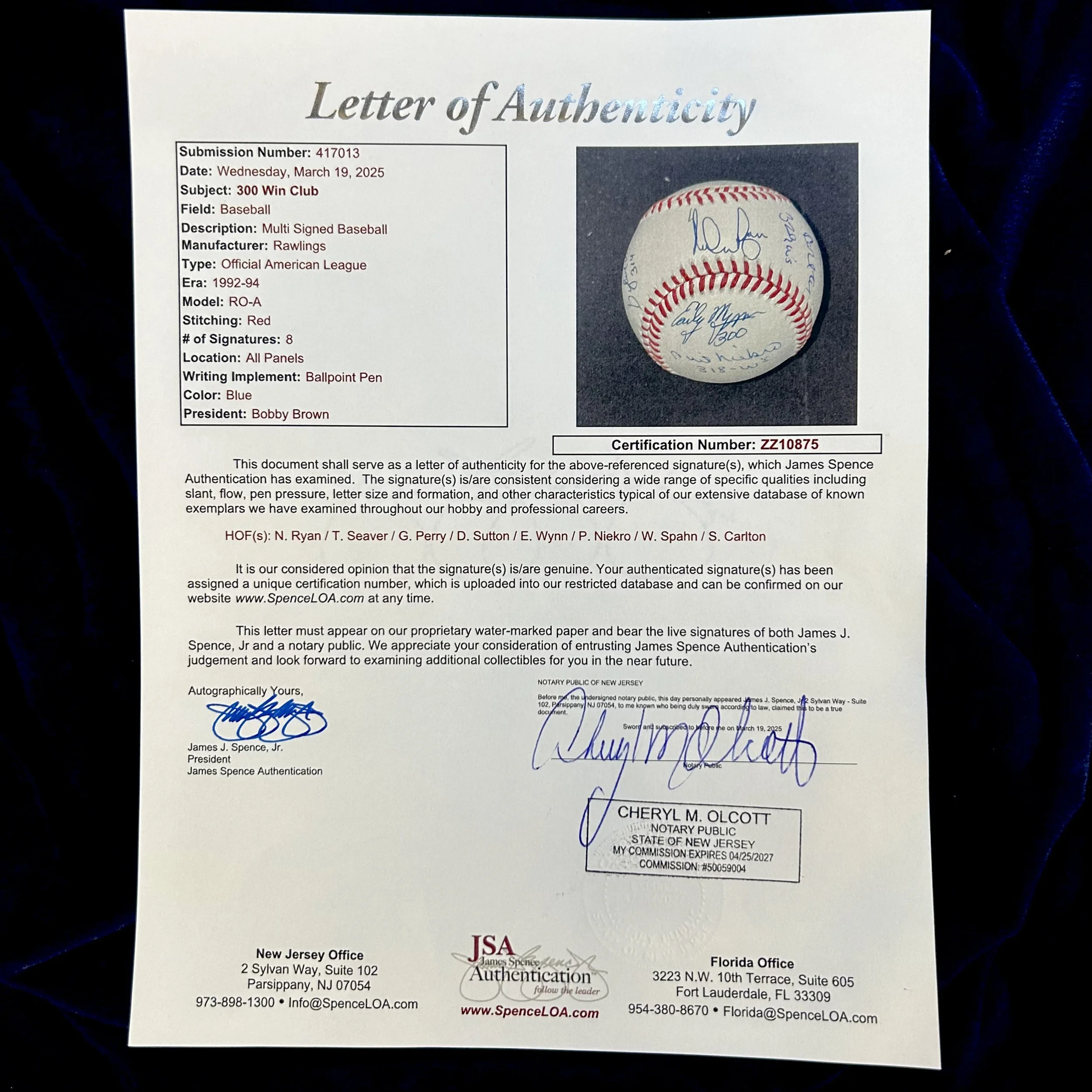 300 Win Club Signed (8) Official American League Baseball. Signed by Ryan, Seaver, Perry, Sutton, Wynn, Niekro, Spahn, and Carlton. JSA