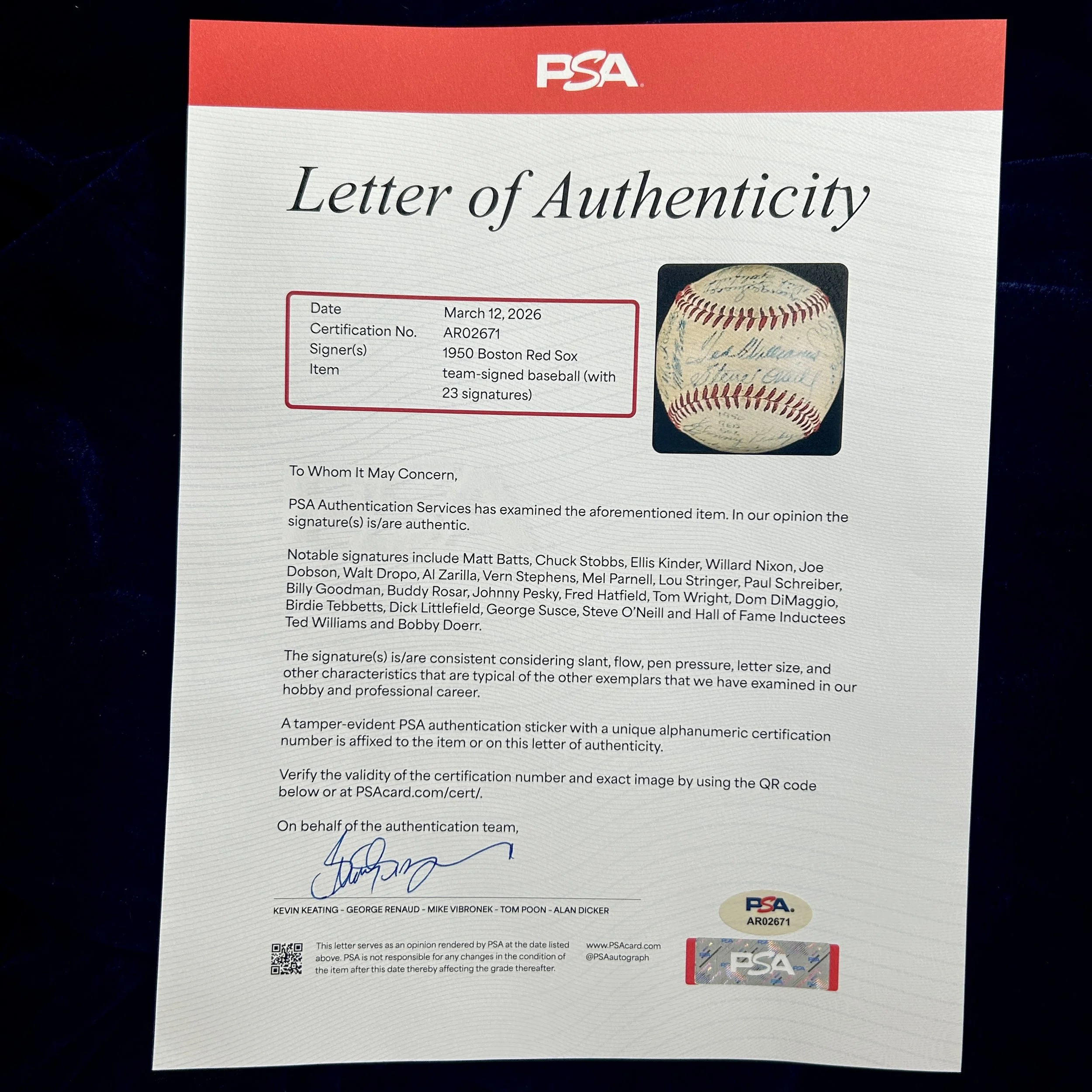 1950 Boston Red Sox Team Signed (23) Official American League Baseball. Ted Williams, Bobby Doerr. PSA