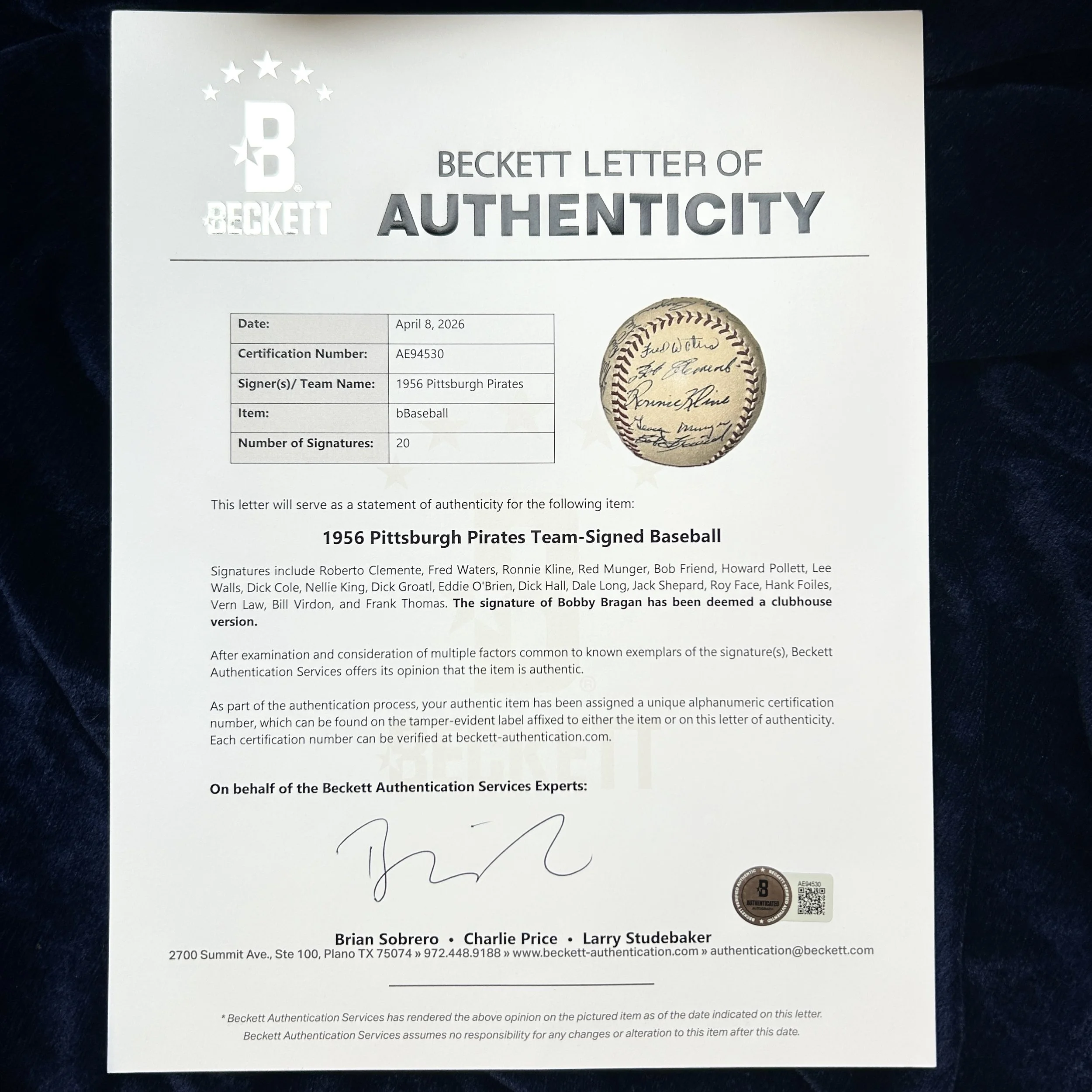 1956 Pittsburgh Pirates Signed (20) Official National League Baseball. Clemente. Beckett