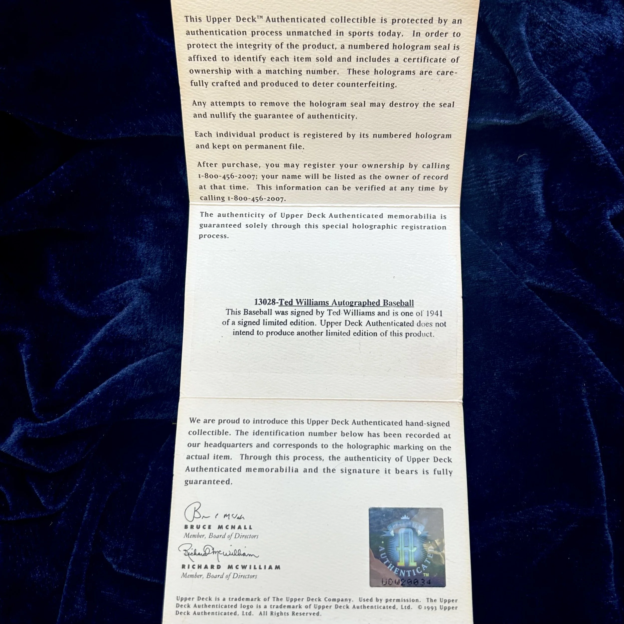 Ted Williams .406 1233/1941 Limited Signed Official American League Baseball. 1233/1941. Upper Deck Authenticated