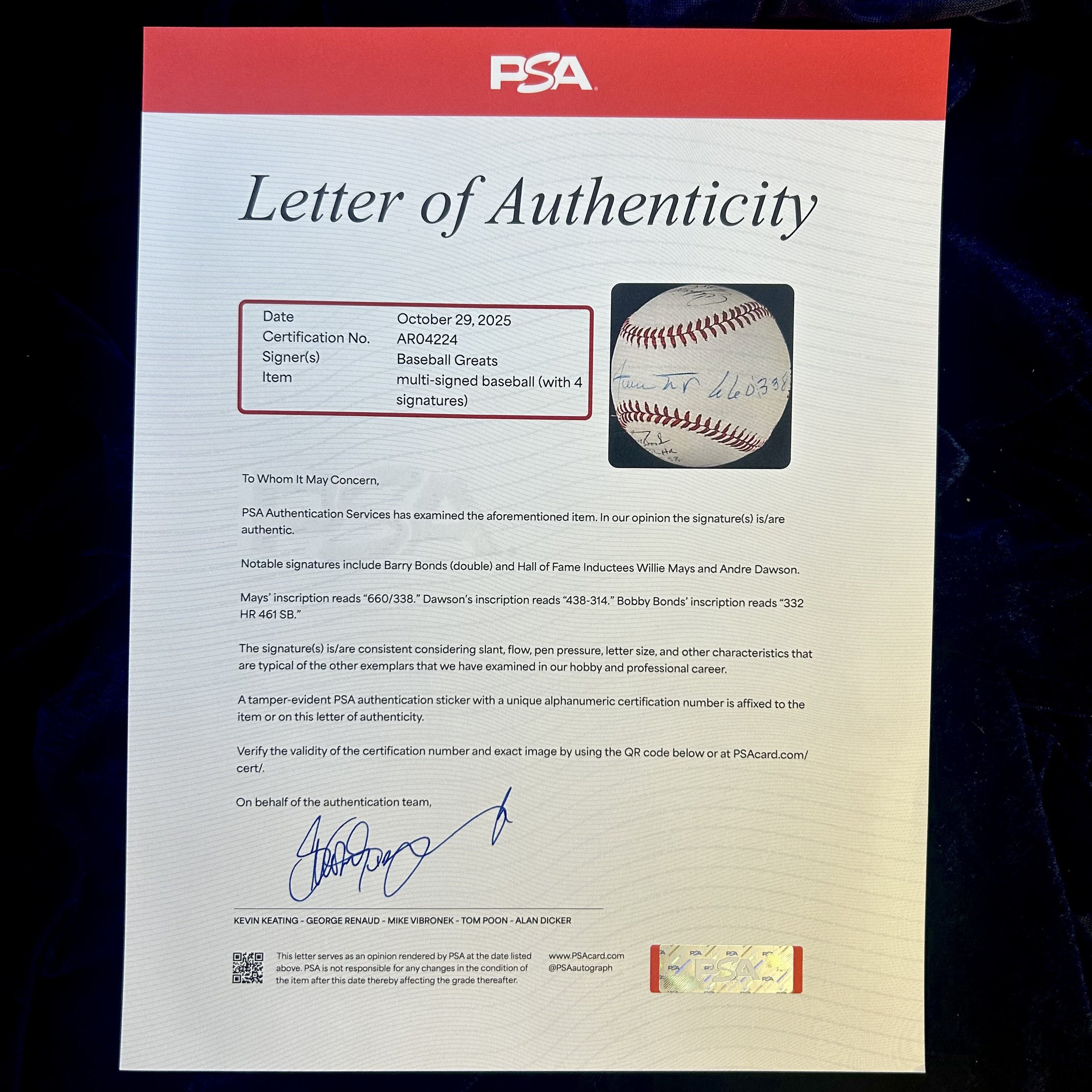 Barry Bonds (Double), Willie Mays, and Andre Dawson Official National League Multi-Signed Baseball. PSA