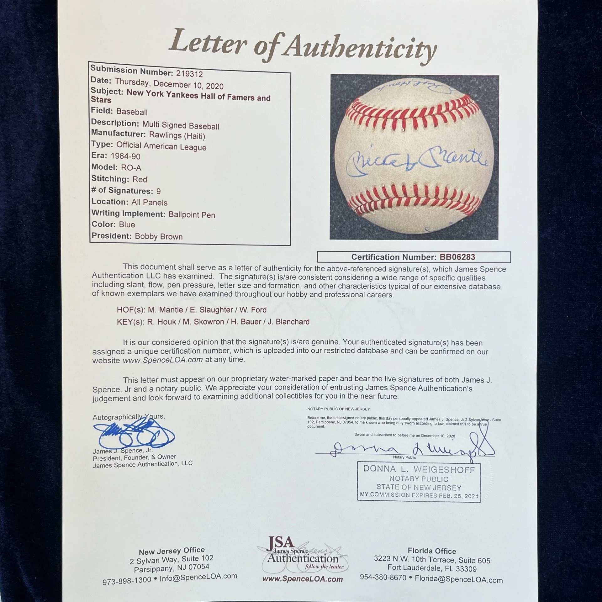 New York Yankees Hall of Famers and Stars Multi-Signed Official American League Baseball. Mickey Mantle, Enos Slaughter, Whitey Ford, Ralph Houk, Moose Skowron, Hank Bauer, Johnny Blanchard. JSA