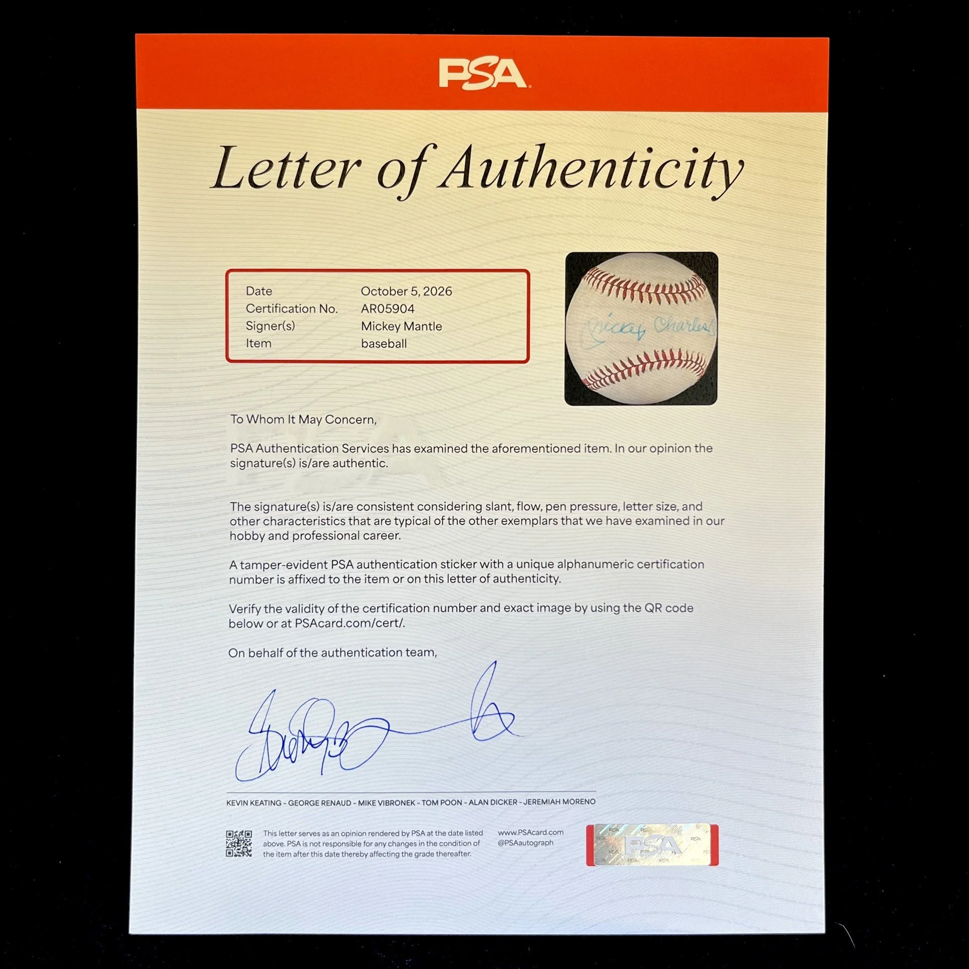 Mickey Charles Mantle Signed Official American League Baseball. PSA LOA (Copy)