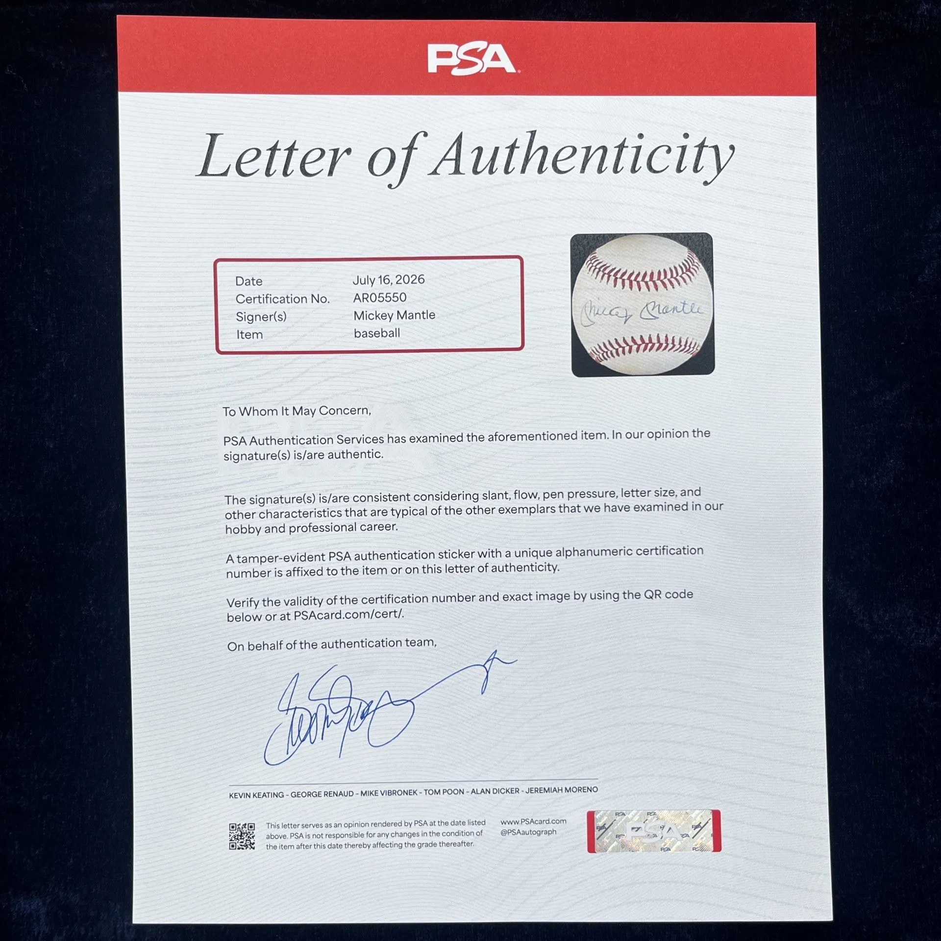 Mickey Mantle Signed American League Baseball. PSA