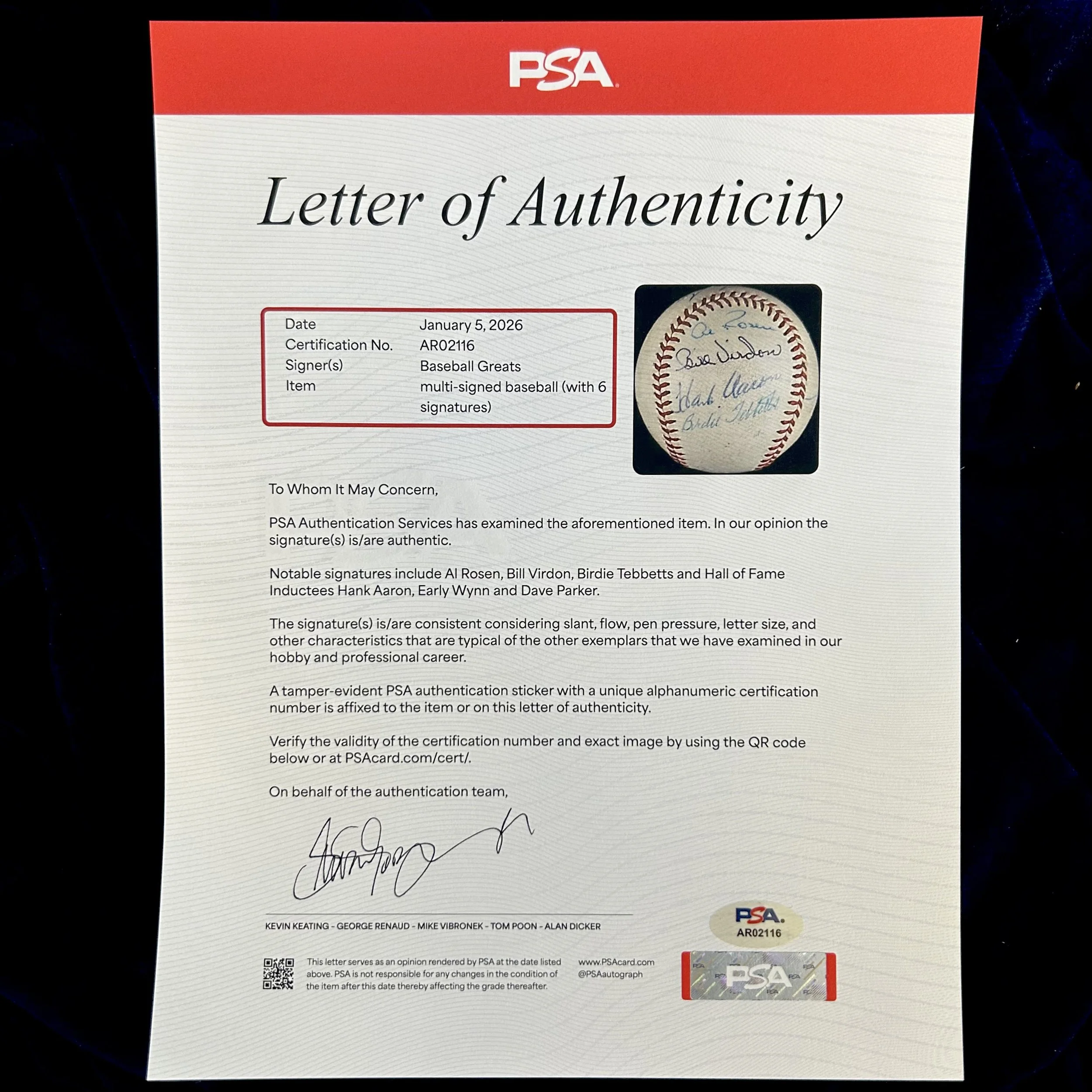 Baseball Greats Multi-Signed (6) Official American League Baseball. Signed by Hank Aaron, Early Wynn, Dave Parker, Al Rosen, Bill Virdon, and Birdie Tebbetts. PSA