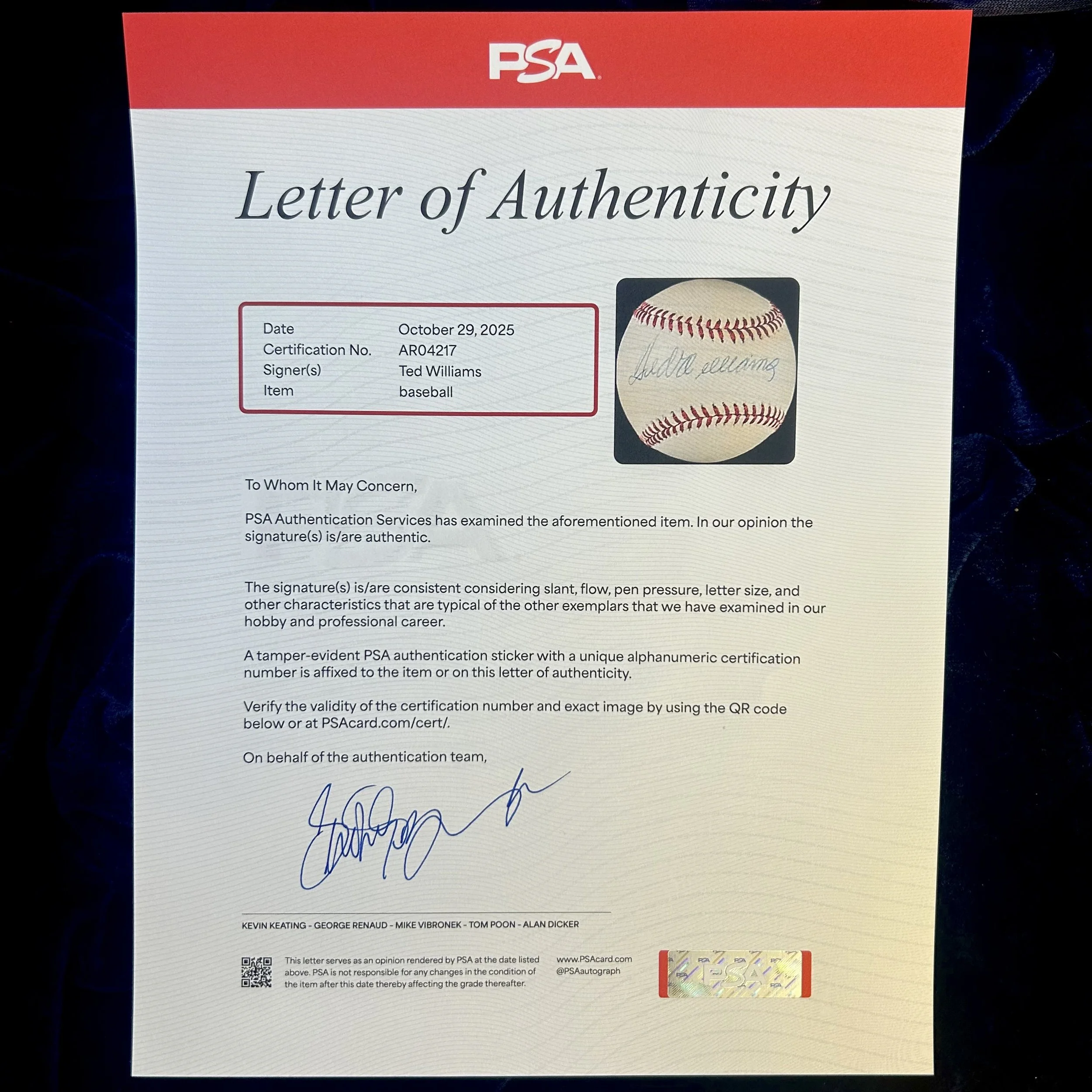 Ted Williams Signed Official American League Baseball. PSA