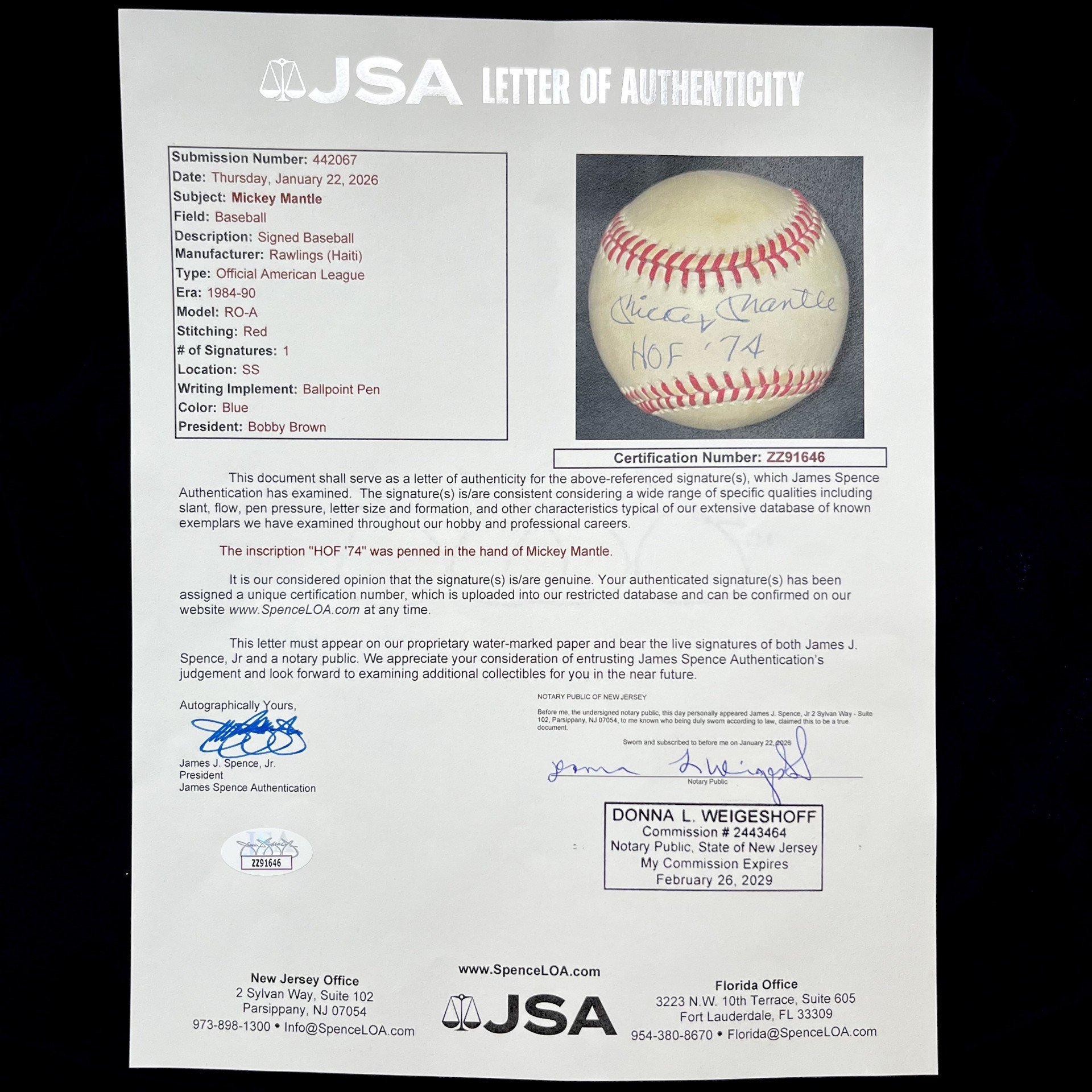 Mickey Mantle "HOF '74" Signed American League Baseball. JSA