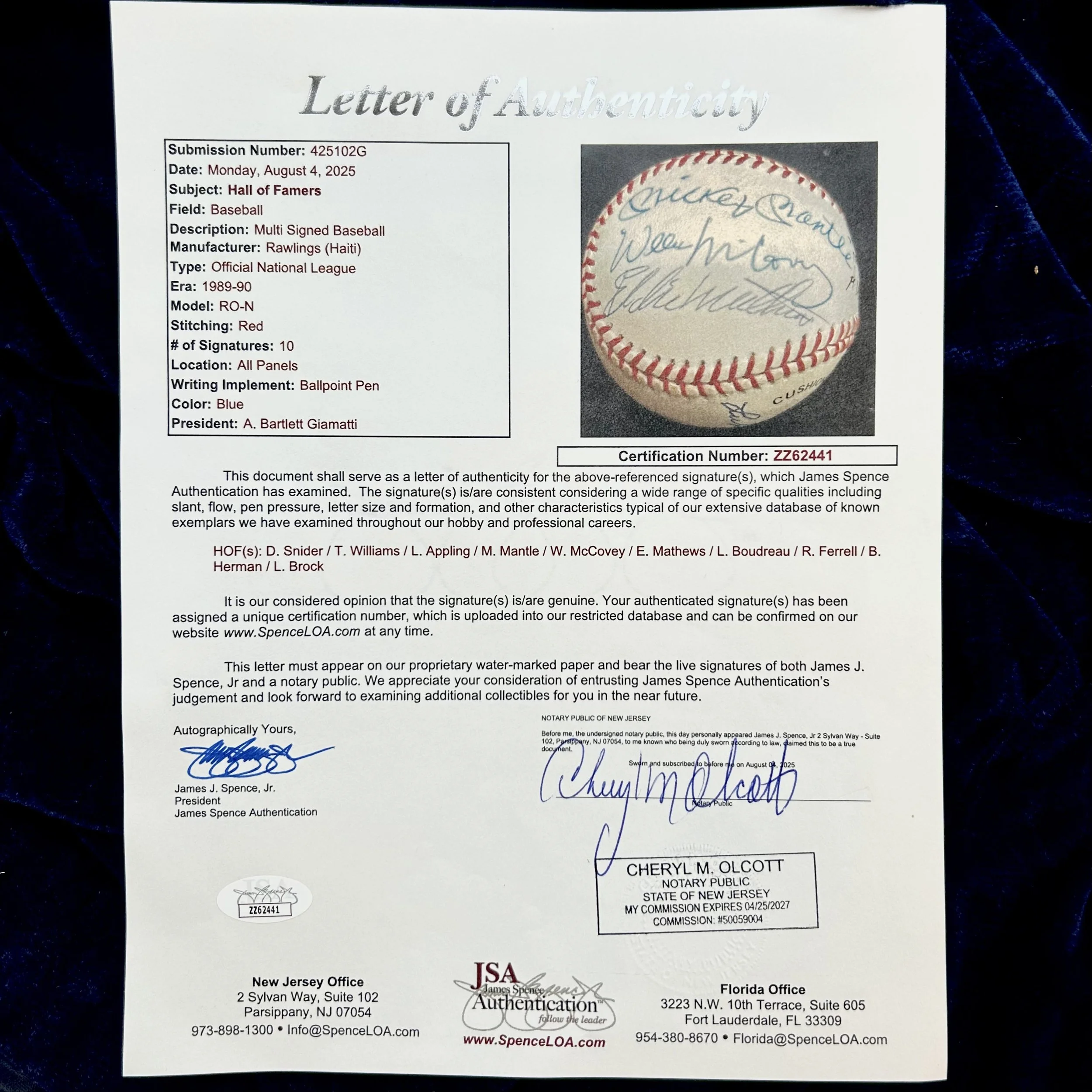 1989-90 Hall of Famers Signed ONL Baseball. Mantle, Snider, Williams, Brock, Appling, McCovey, Mathews, Boudreau, Ferell, Herman. JSA.