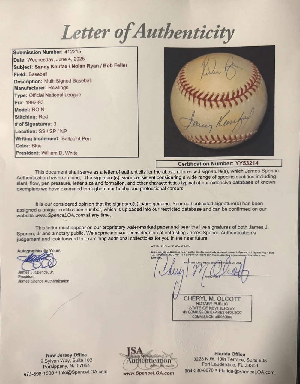 No-Hit Kings Sandy Koufax, Nolan Ryan, Bob Feller Signed