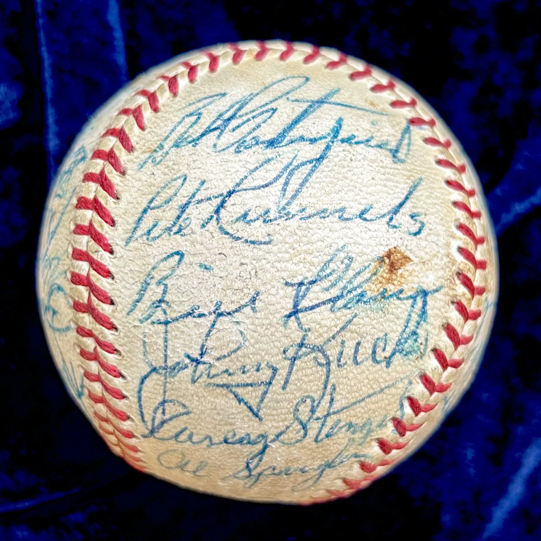 1950s Baseball Greats Multi-Signed (31) Baseball. Yogi Berra, Phil Rizzuto, Luis Aparicio, Early Wynn, Casey Stengel. PSA