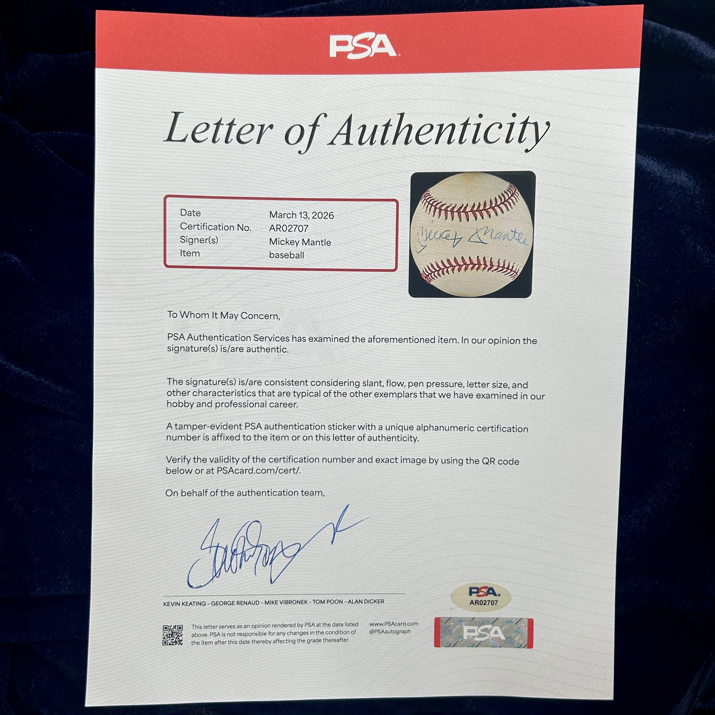 Mickey Mantle Signed Official American League Baseball. PSA