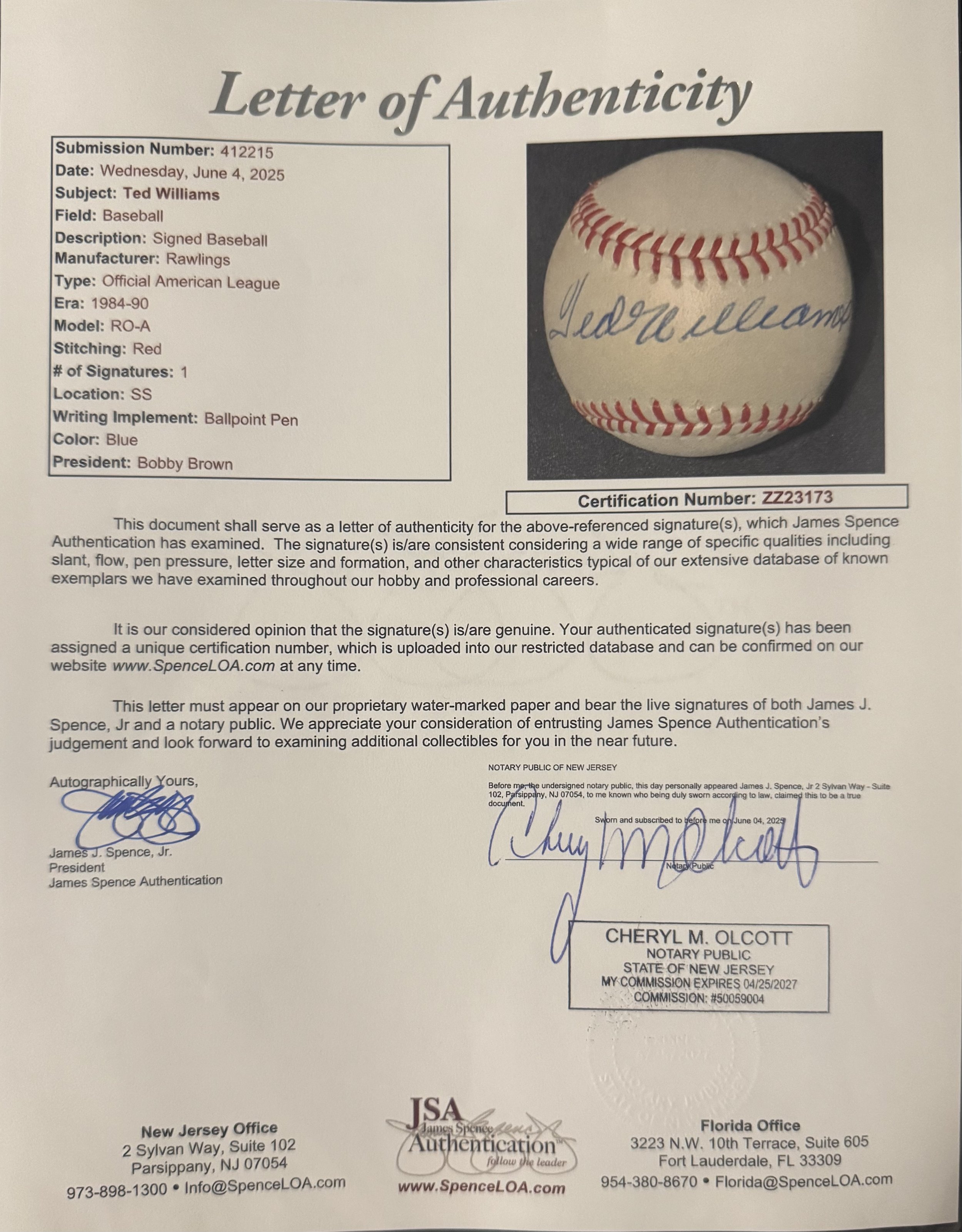 Ted Williams Signed Official American League Baseball. JSA