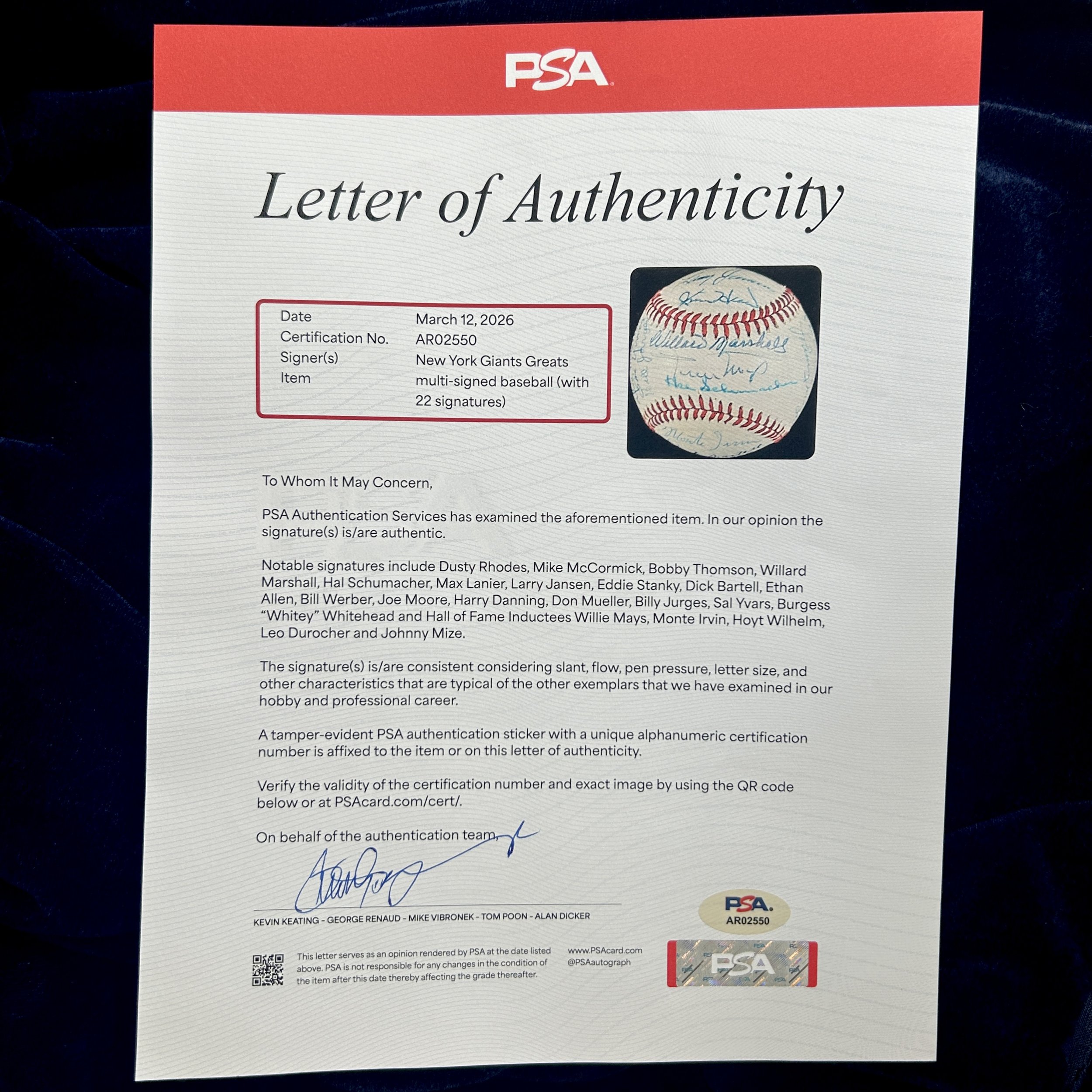 New York Giants Greats Multi-Signed (22) Official National League Baseball. Mays, Irvin, Wilhelm, Durocher, Mize. PSA