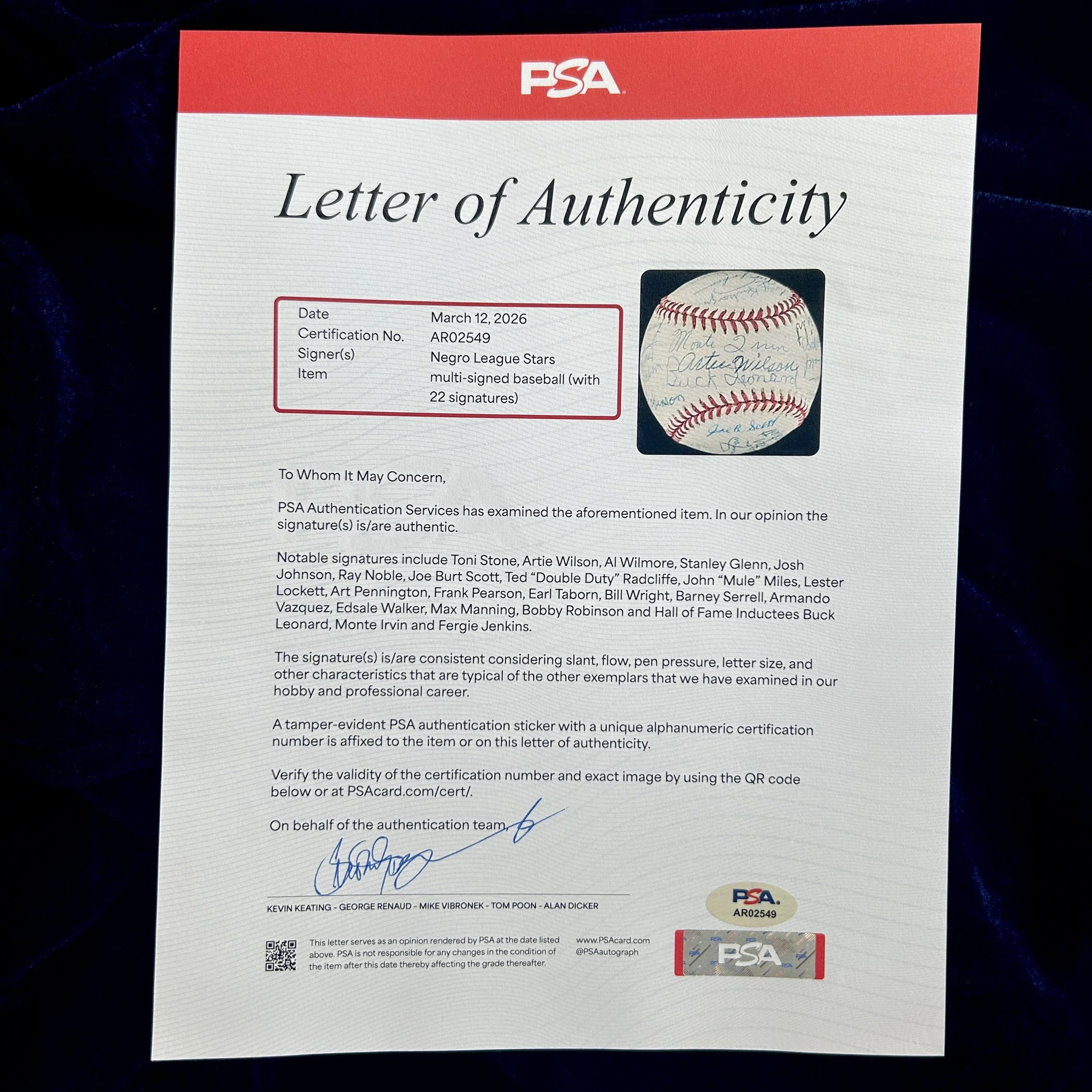 Negro League Stars Multi-Signed (22) Official National League Baseball. Leonard, Irvin, Jenkins. PSA