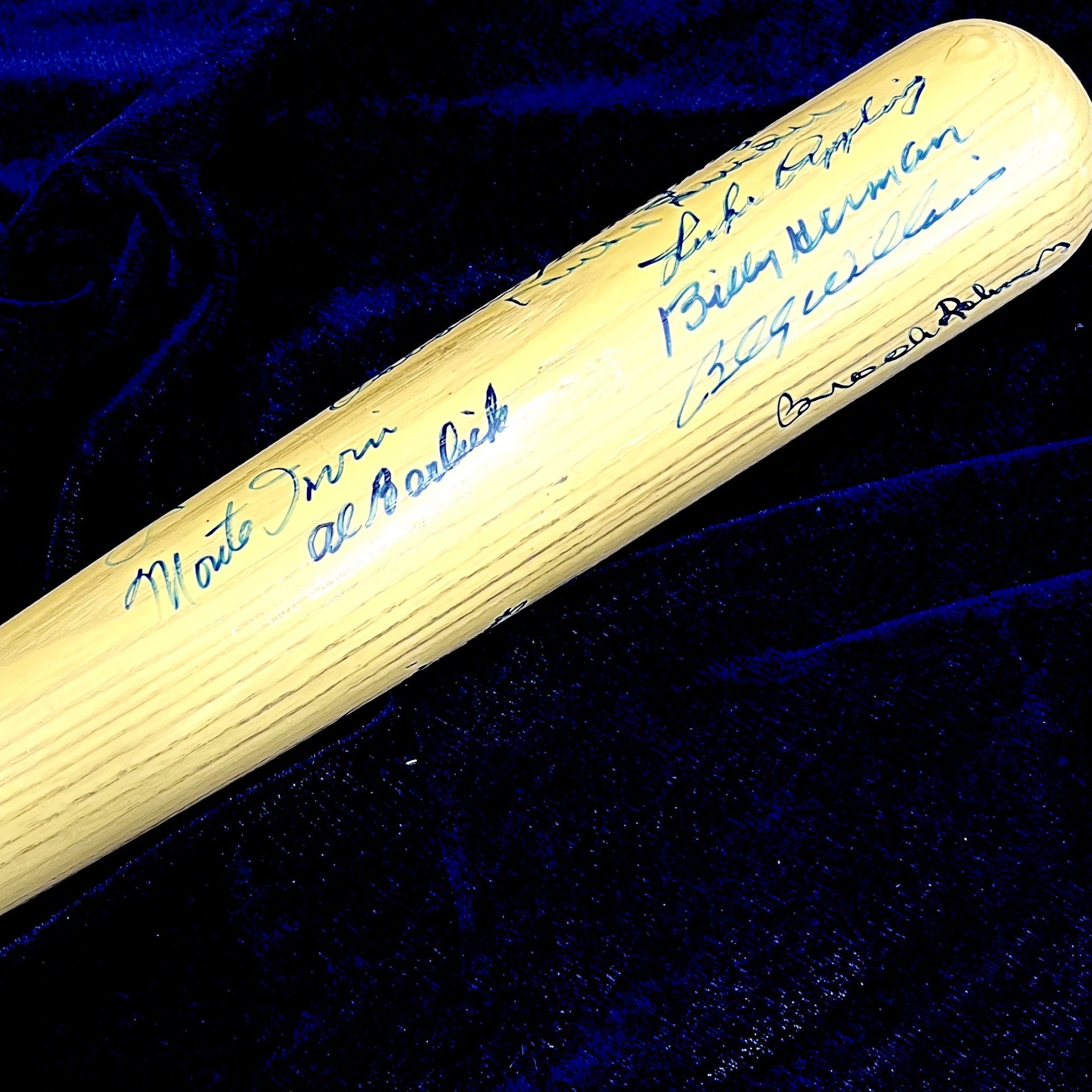 Hall of Famers Multi Signed Rawlings/Adirondak Baseball Bat. E. Banks, W. Stargell, B. Feller, W. Mays, L. Brock, W. Ford, R. Roberts, B. Doerr, J. Mize, D. Snider, L. Appling, M. Irvin. JSA