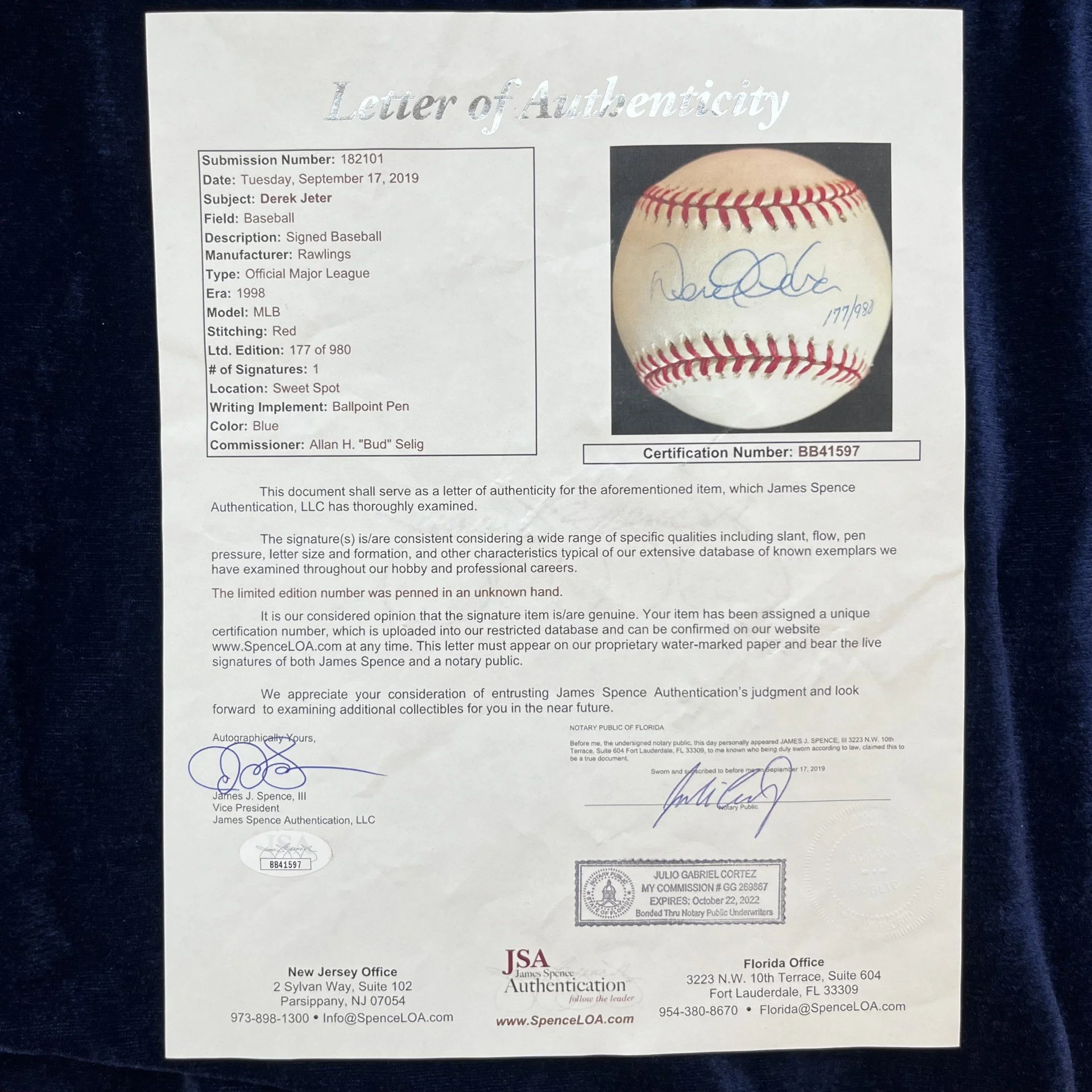 Derek Jeter Signed Official Major League 1998 World Series Baseball. "177/980". JSA