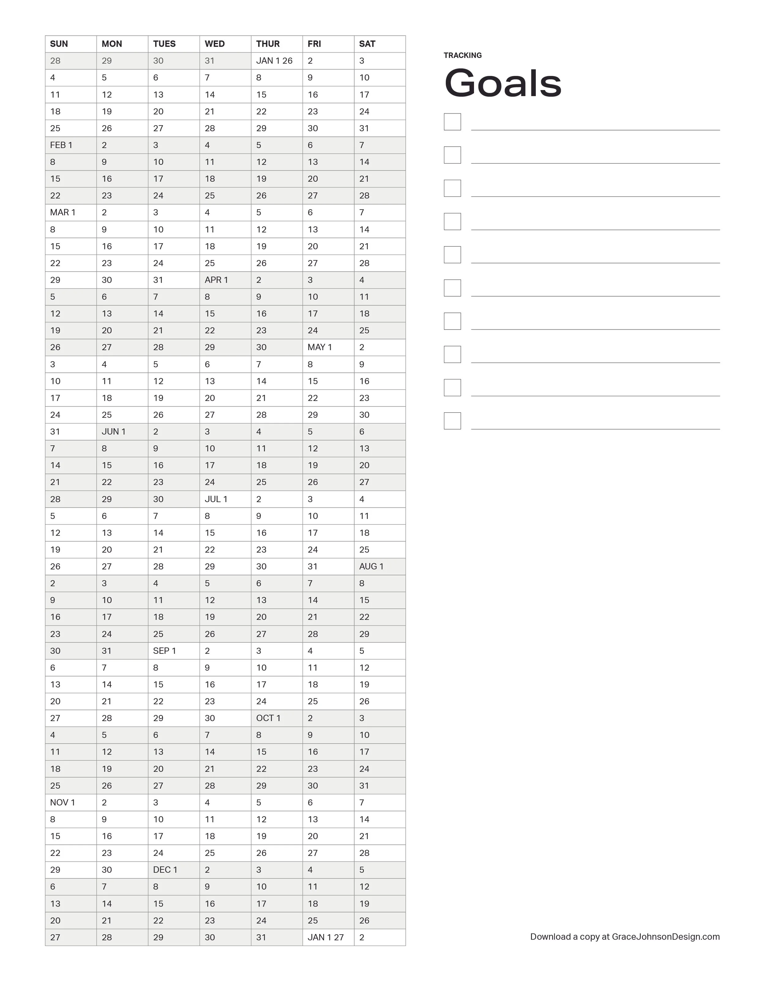 2026 Goals Calendar