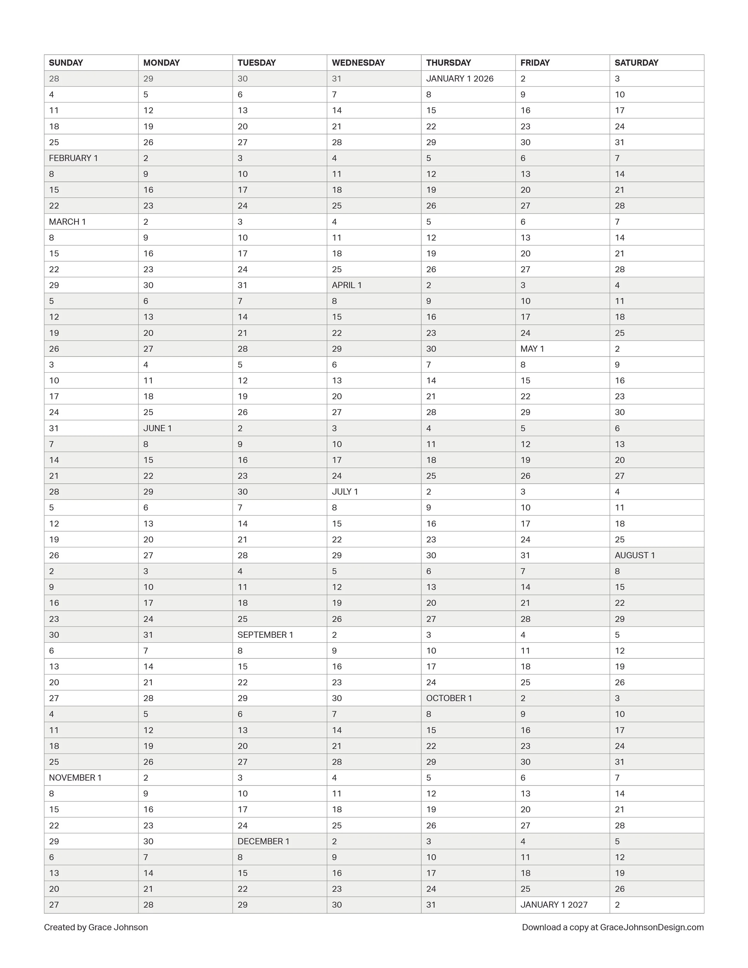 2026 One-Page Calendar
