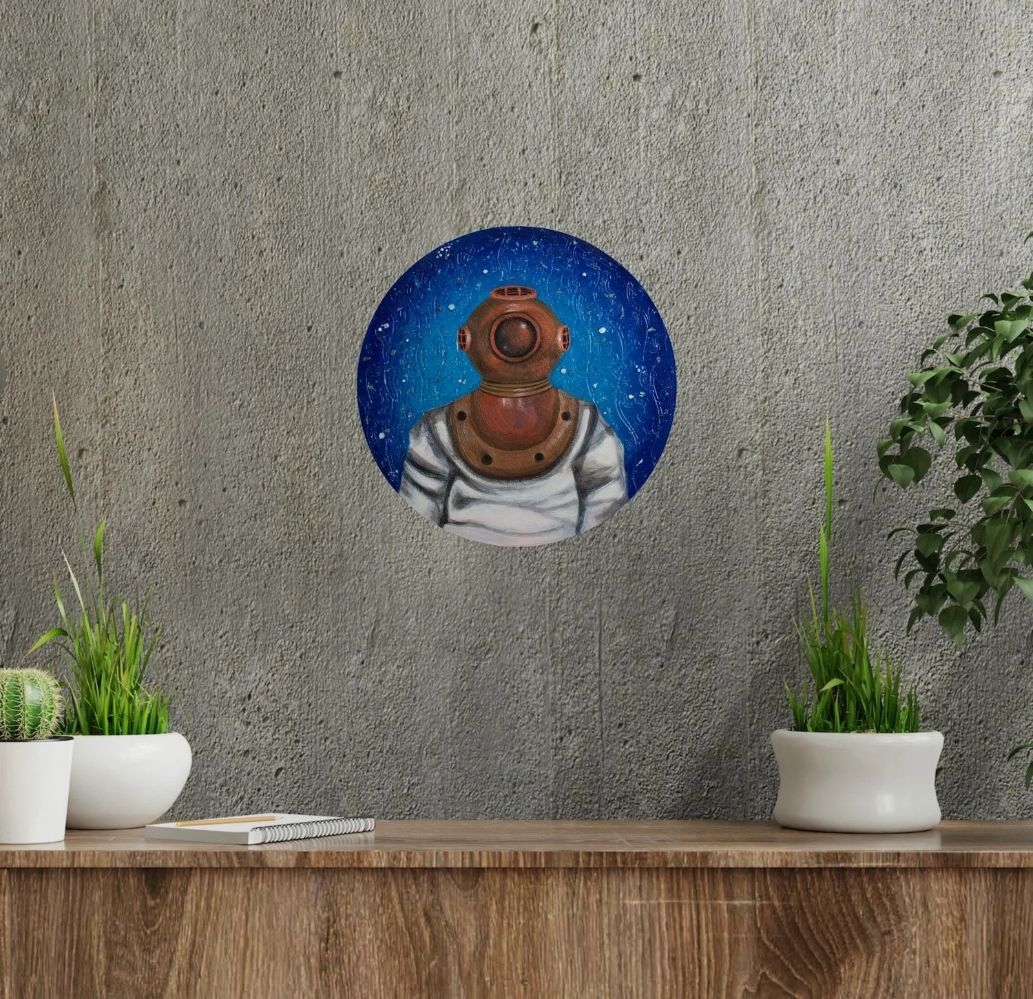 Scuba diver painting in a office space