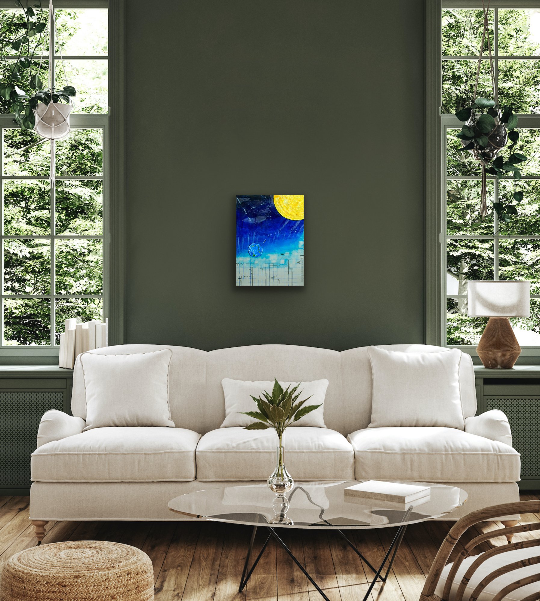 Blue planet earth and sun space hallway painting