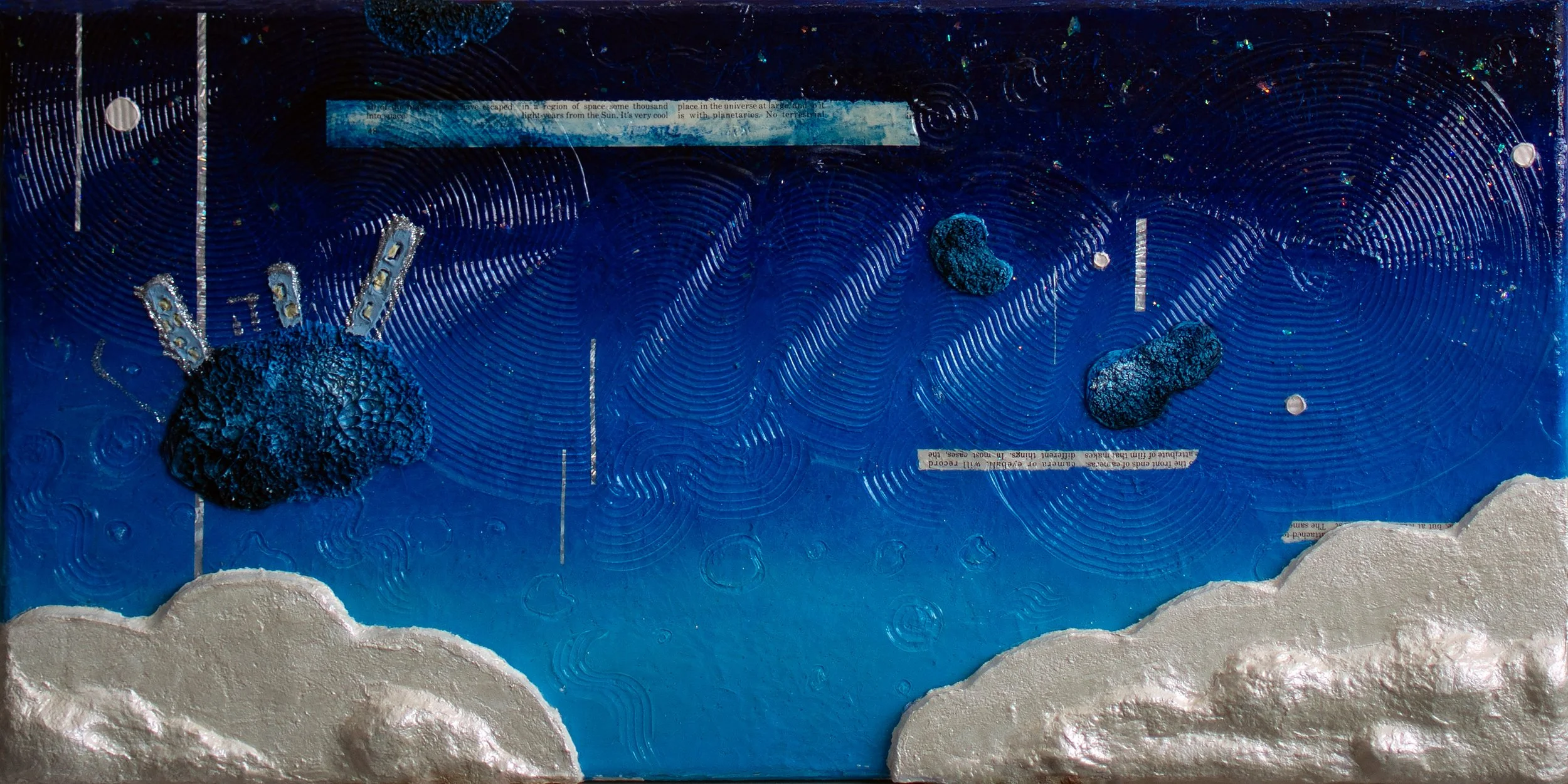 Home above the clouds features a celestial narrative in outer space of a future home on an asteroid in the sky. 