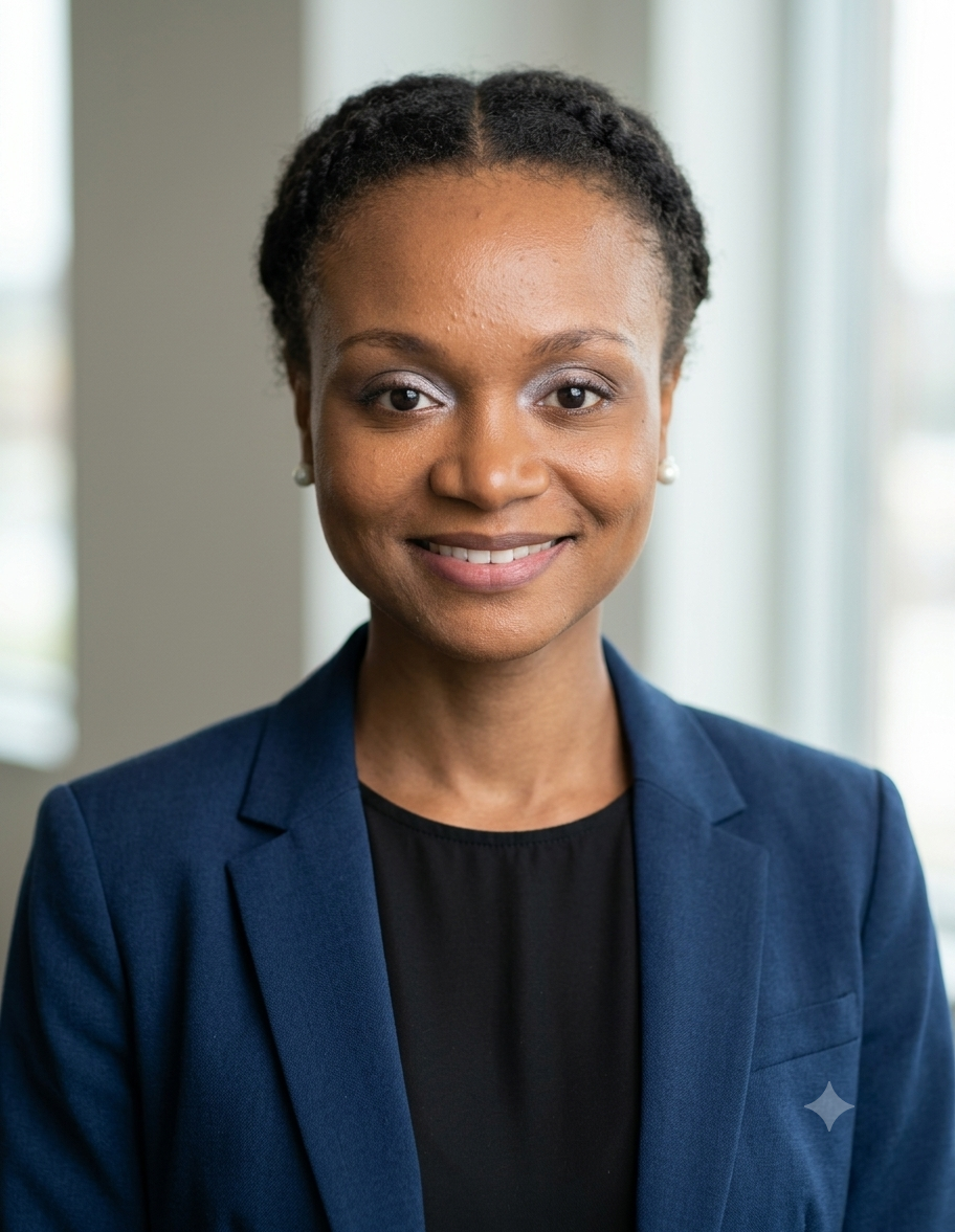 A professional woman with dark hair styled in twists, wearing a navy blazer and black top, smiling indoors with natural light behind her.