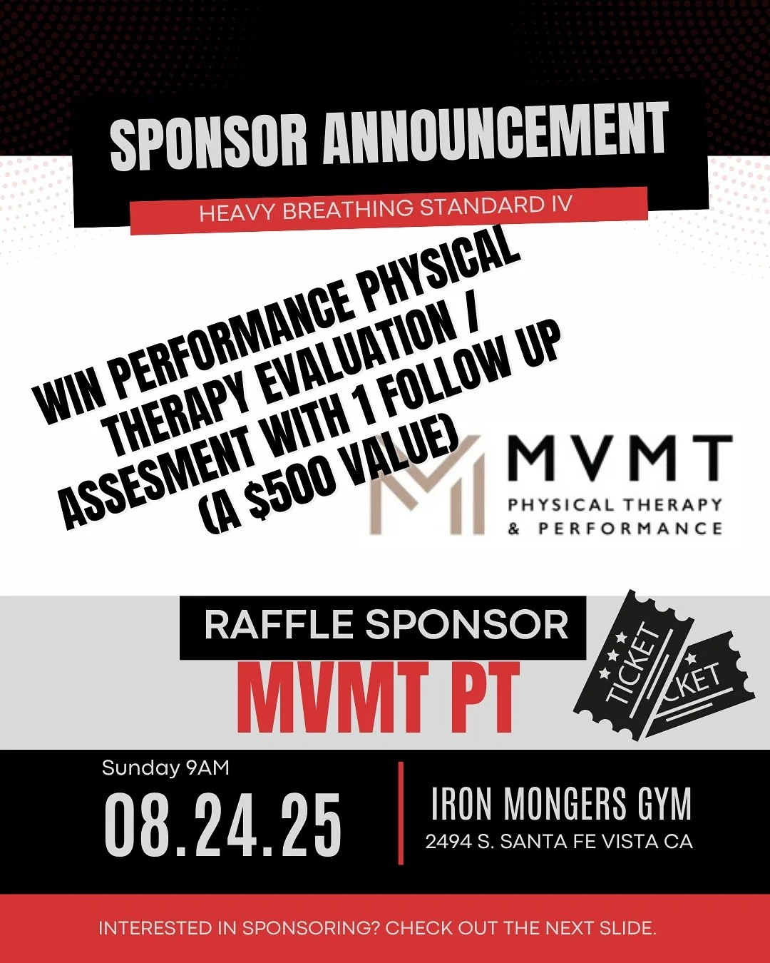 📣 RAFFLE ITEM ALERT! 📣
💥 2 FREE sessions with MVMT PTP
($500 value—yes, seriously.)
Includes:
- Performance physical therapy evaluation
- Follow-up movement assessment
- Option to focus on injury rehab, prevention, or performance training