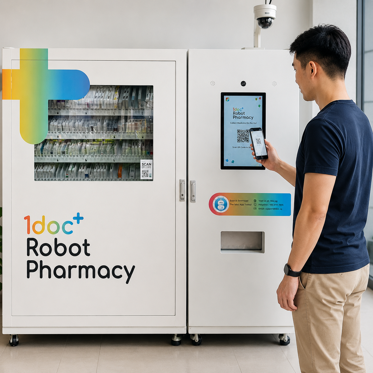 A man using a smartphone to scan a QR code at an Electronic Medicine Dispensing Machine.