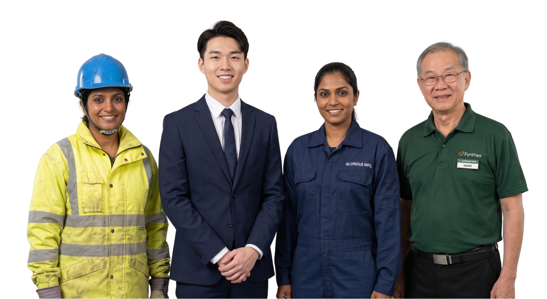 Four diverse professionals standing together, including a woman in a yellow safety jacket and blue helmet, a man in a business suit, a woman in a blue work uniform, and a man in a green polo shirt with a name tag. They are smiling and appear to be in a workplace setting.
