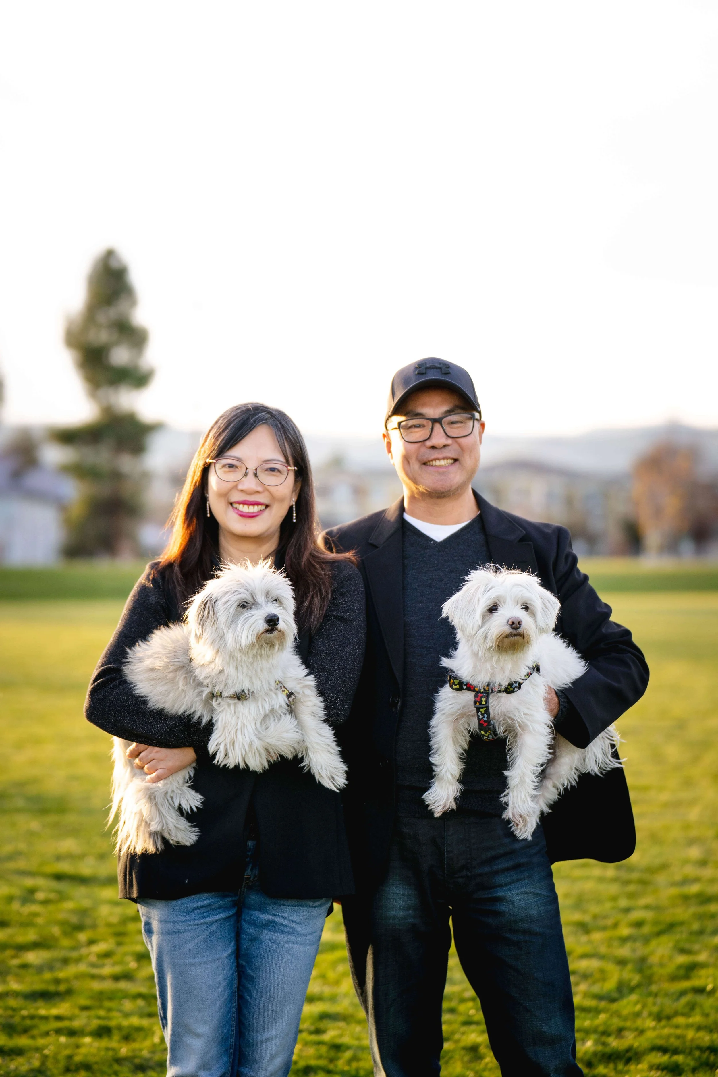 Sunset portrait of a middle-aged Asian couple holding two small white dogs in a San Francisco Bay Area park