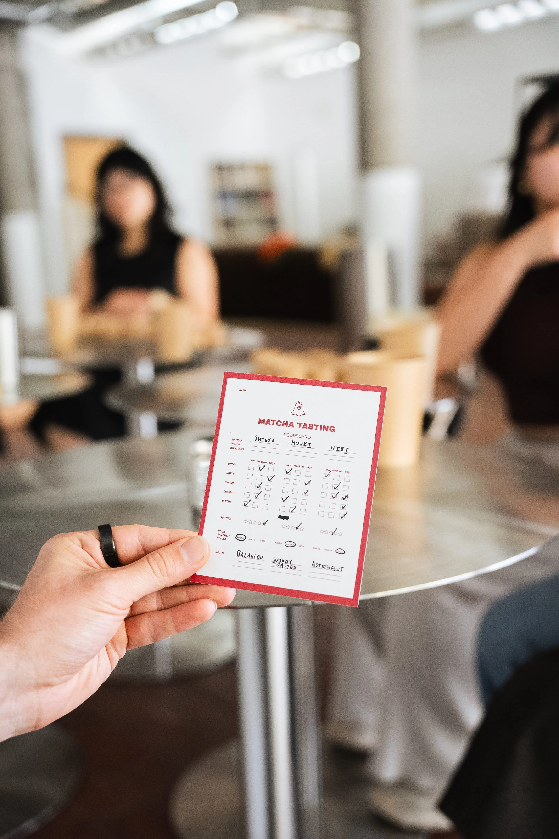 Close up shot of finished matcha tasting card during a Tea For Us brand activation pop-up with Kindred Studio in San Francisco