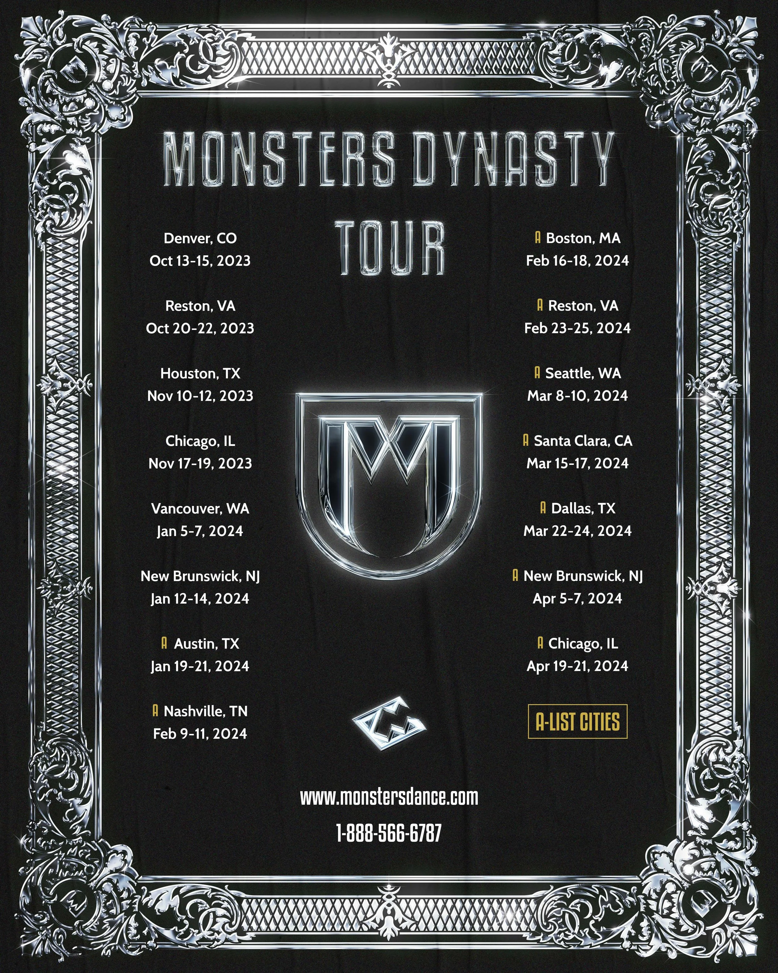 Monsters Dynasty Tour dates flyer featuring a chrome crest, ornate silver border, black background, and the 2023–2024 city schedule.