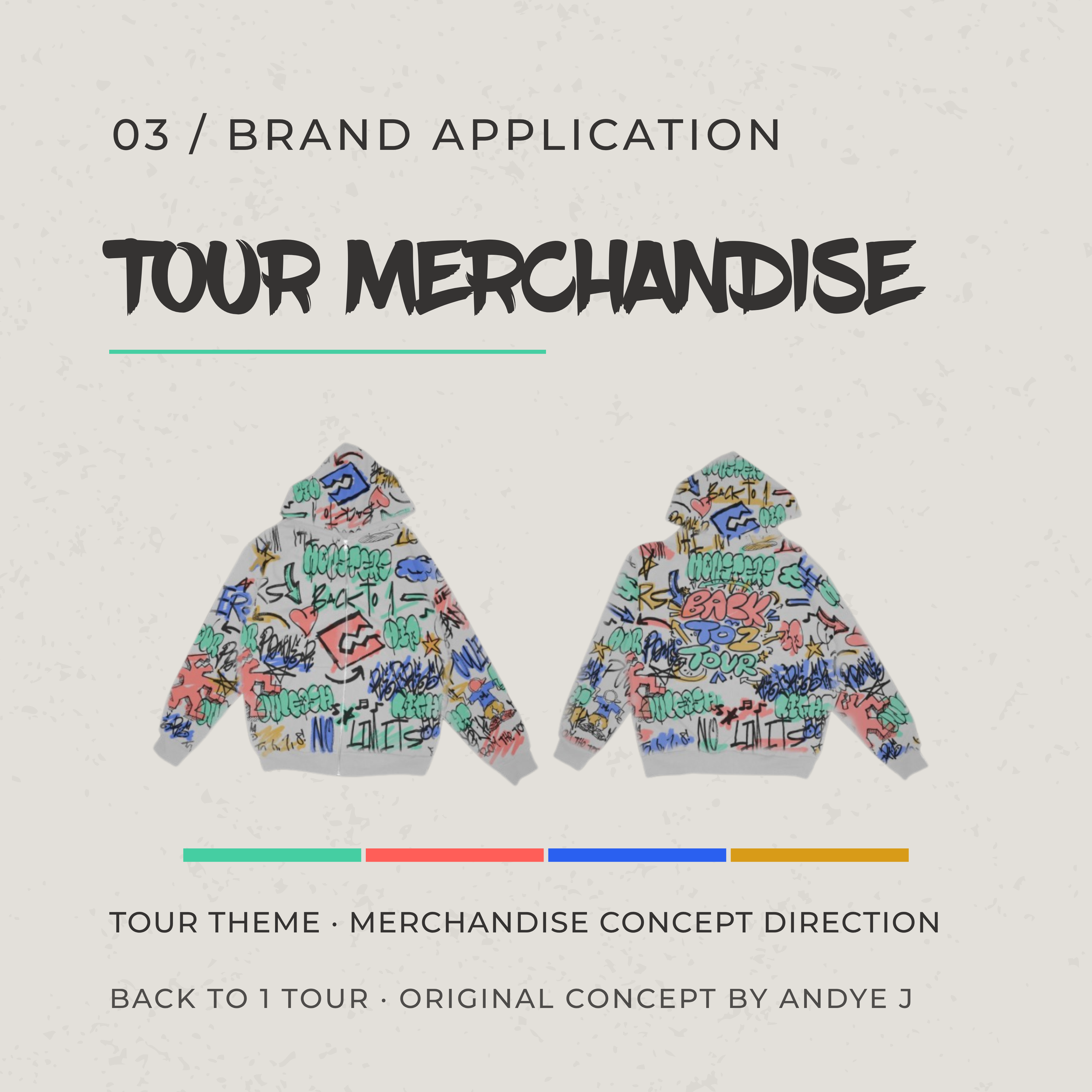 Back to 1 Tour brand application card featuring colorful graffiti-style tour merchandise developed from the original concept.