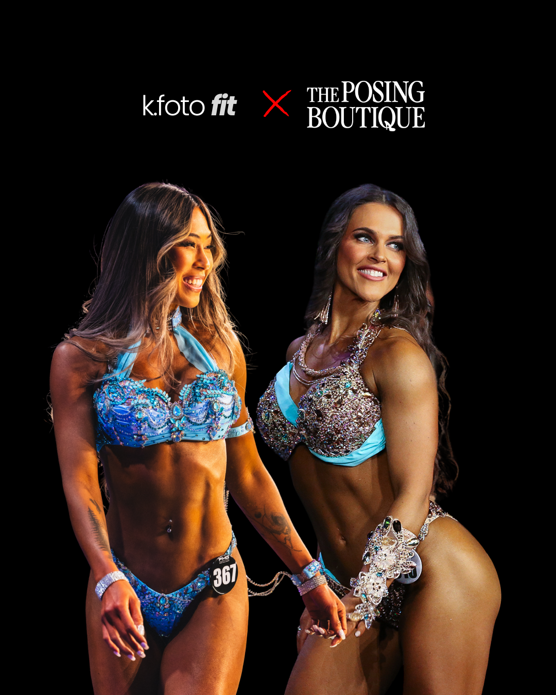 Two women in bikinis holding hands during a bodybuilding competition, with logos above them.