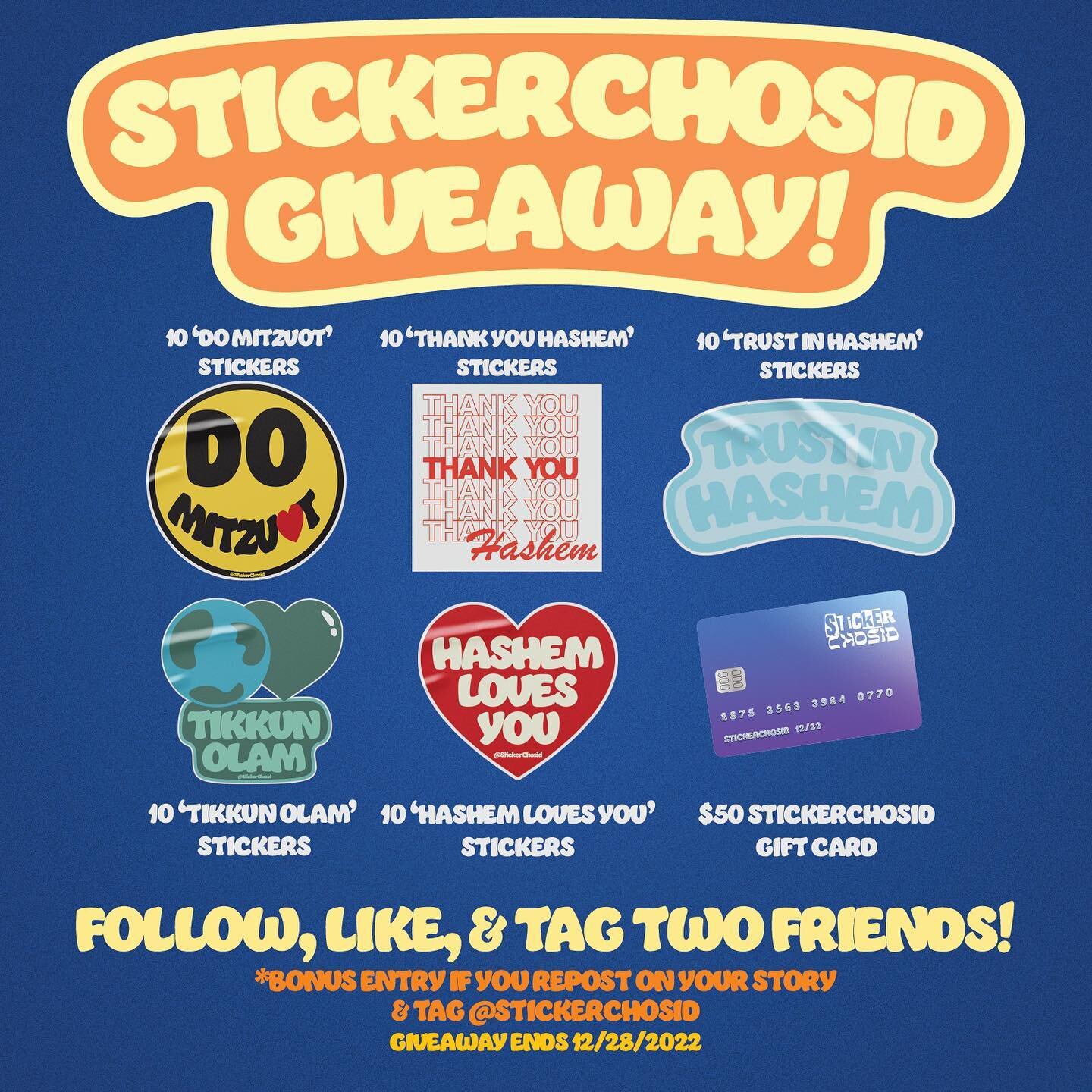It&rsquo;s HERE! The StickerChosid Giveaway!!🎁

All you need to do is follow, like, and tag two friends!!
**BONUS if you repost and tag @stickerchosid in your story**

Enter till 12/28!

Chag Sameach and thank you for being a chosid!