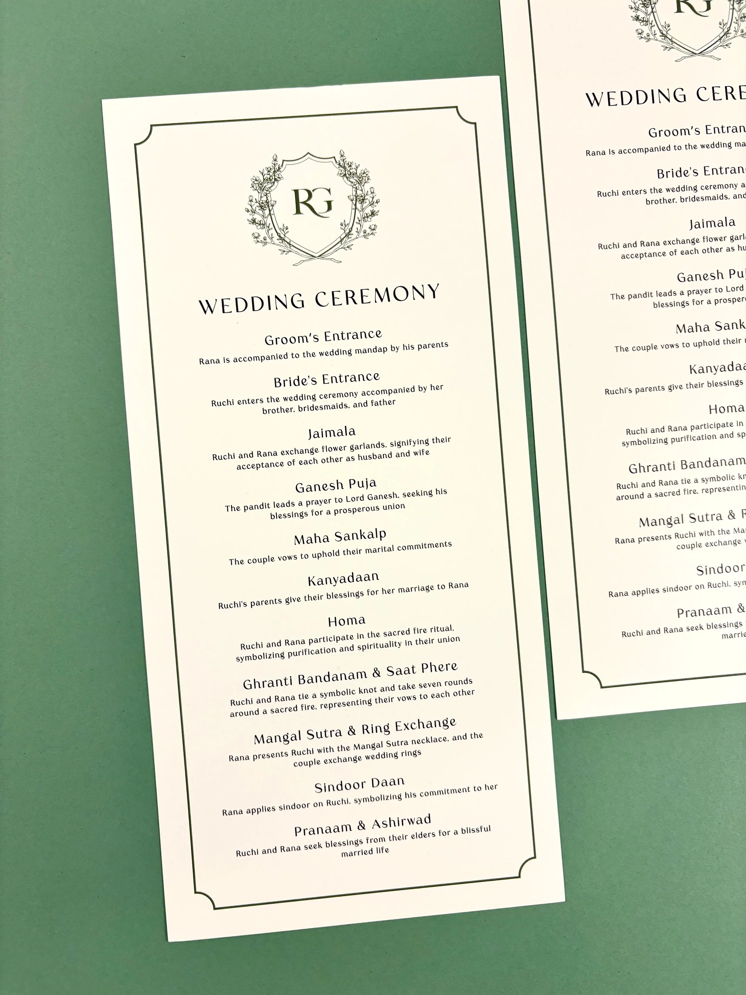 Wedding ceremony program with a decorative crest at the top and a list of ceremony events, including groom's entrance, bride's entrance, jaimala, ganesh puja, and marriage rituals, printed on white paper with black text.
