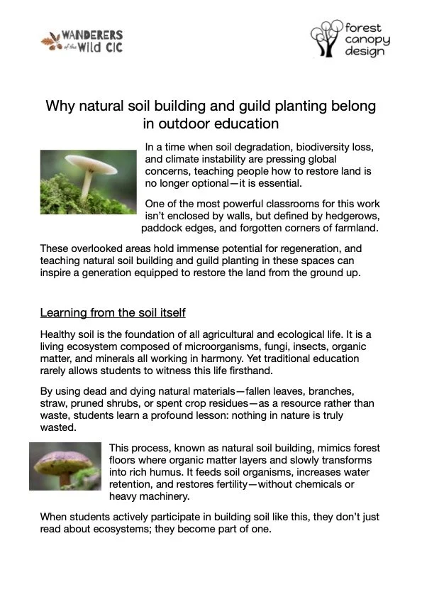 Educational flyer about the importance of natural soil building and guild planting in outdoor education, with logos for Wanderers of the Wild CIC and Forest Canopy Design, including images of mushrooms.