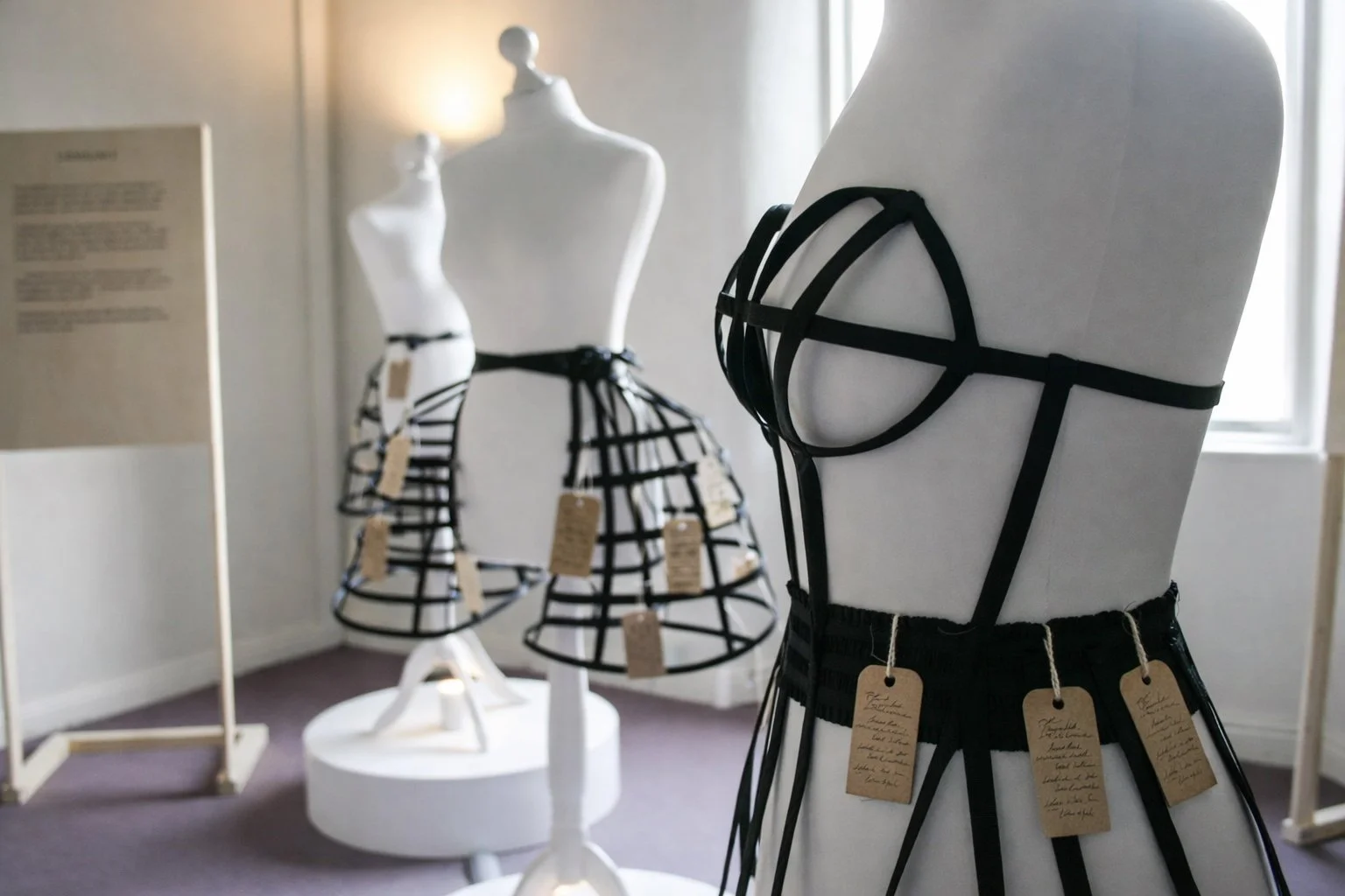 Three white mannequins wearing black cage-style crinolines displayed in a gallery space, each tagged with handwritten luggage labels.