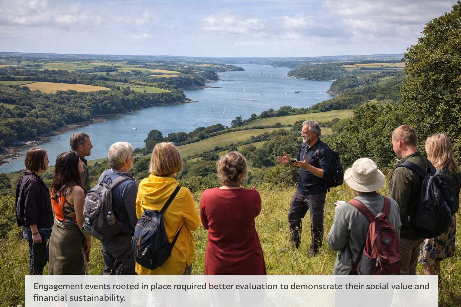 Small group on a hillside listening to a guide during an outdoor walk, overlooking a wide estuary landscape with fields and boats below.