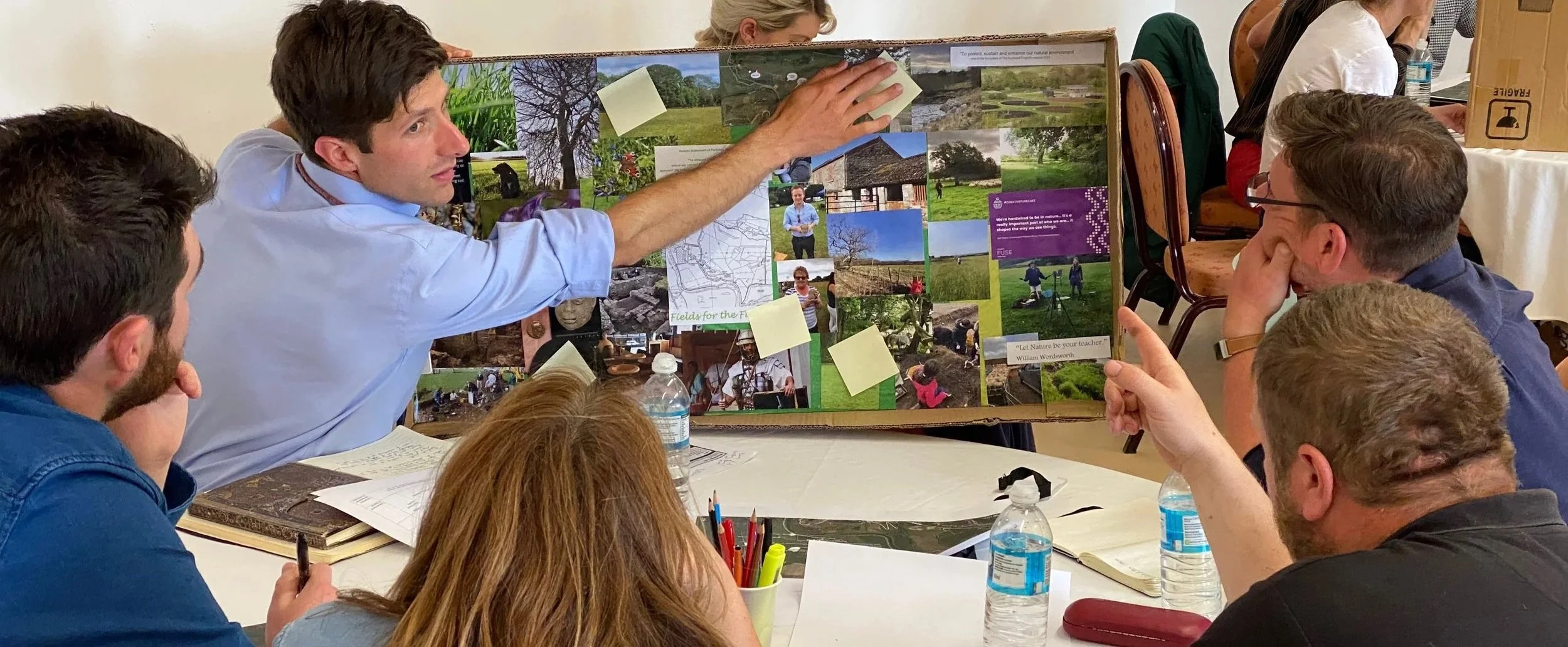 People gathered around a table as one person presents a large collage board of landscape photographs, maps, and sticky notes during a collaborative workshop.