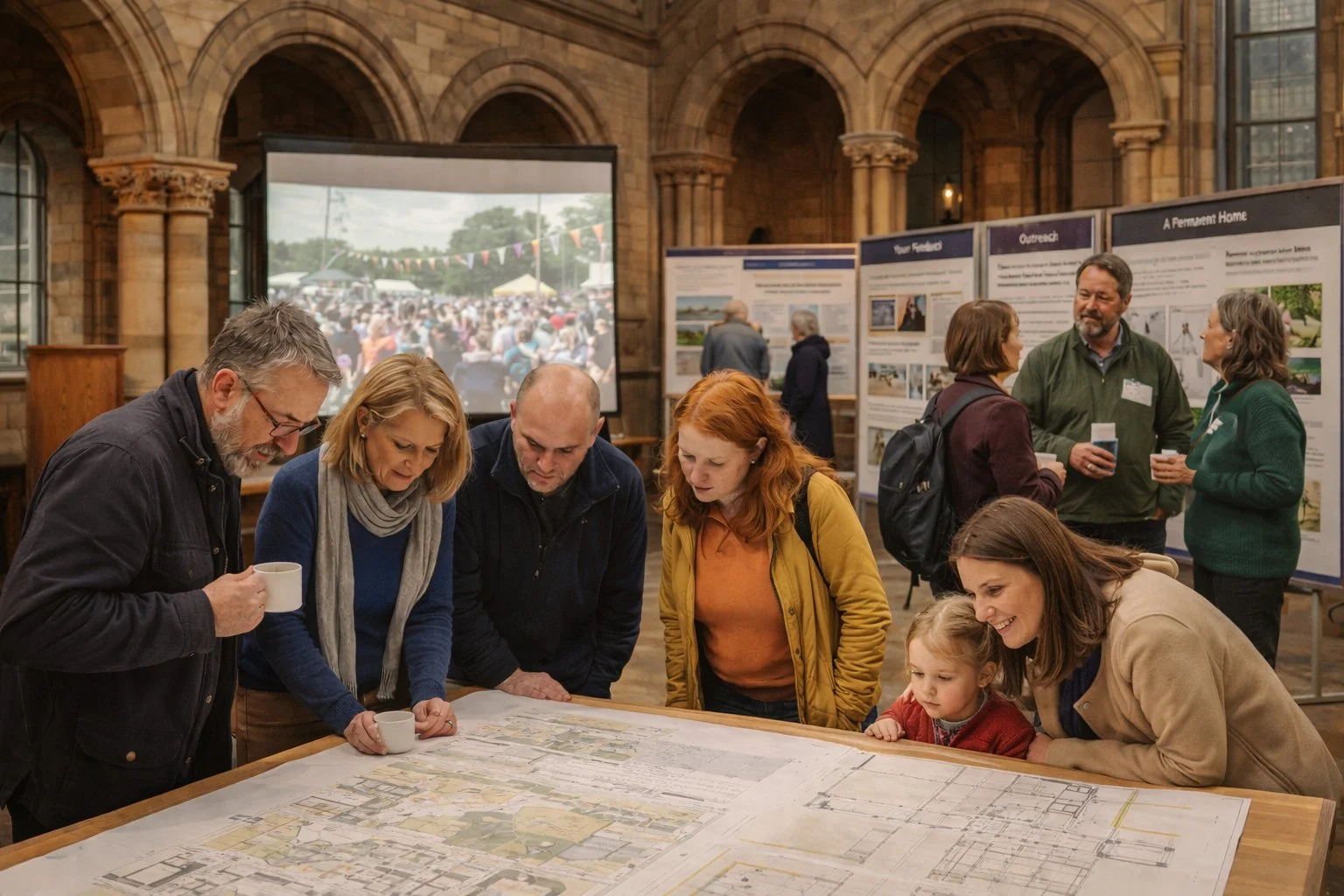 Members of the public at a consultation event inside a historic building, gathered around large architectural plans on tables, with display boards and a video presentation in the background.