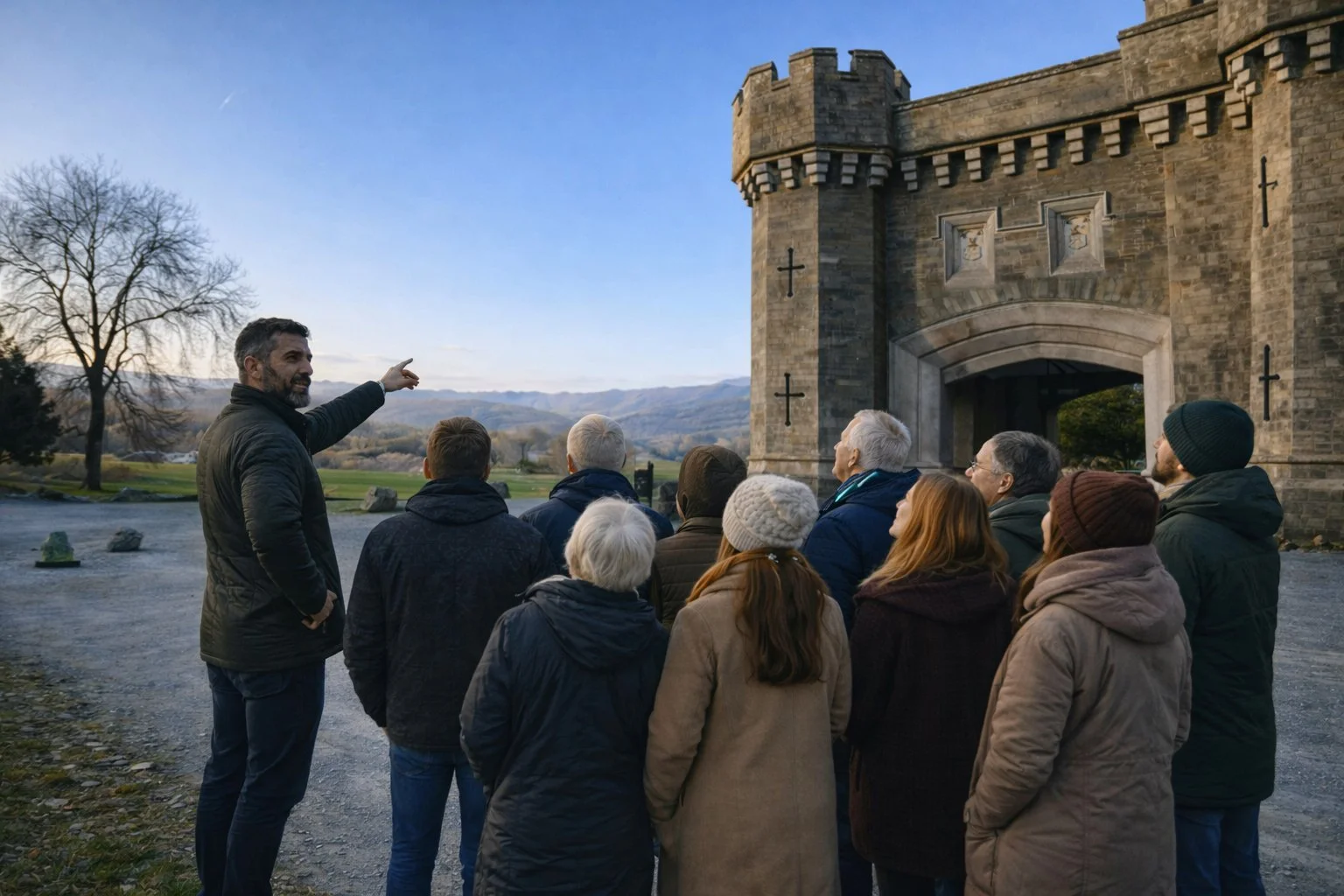 Group of visitors listening to a guide outside Wray Castle with surrounding landscape visible.