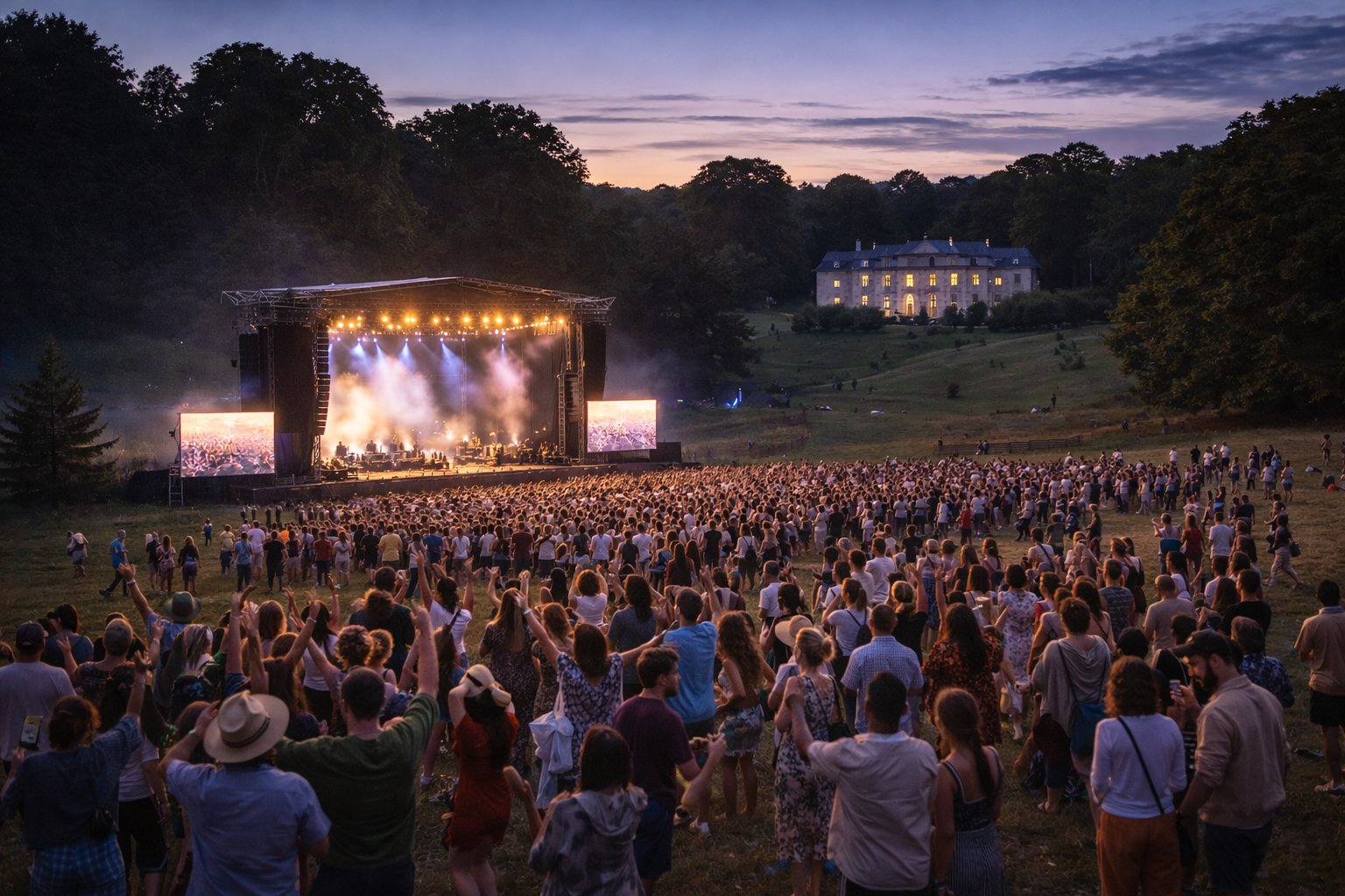 Outdoor evening concert in historic parkland, with a lit stage and diverse crowd gathered on grass, a country house visible in the background at dusk.