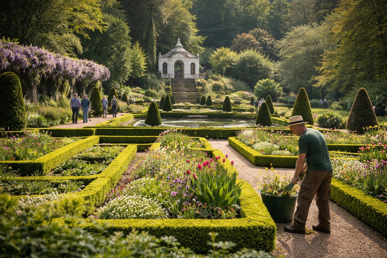 A gardener tending to flower beds in a beautiful, lush garden with well-manicured hedges, colorful flowers, a pond, and a white pavilion structure in the background, with visitors strolling through the garden.