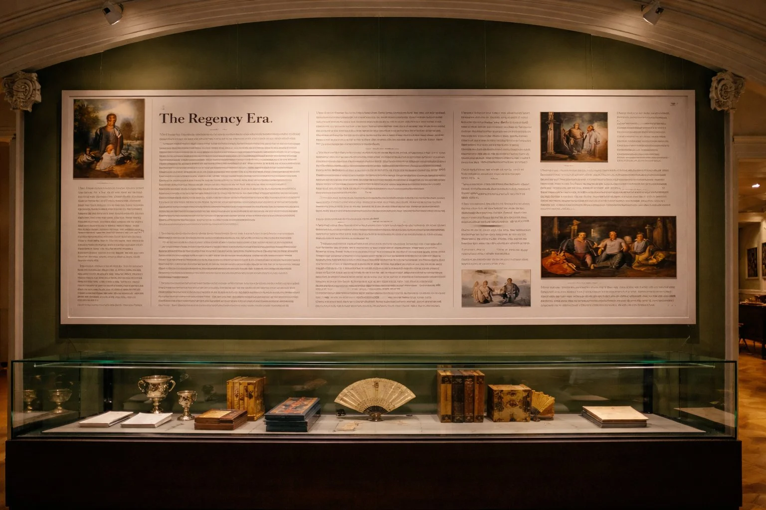 Wide exhibition panel in a historic museum showing a large Regency-era interpretation board filled with long blocks of text and paintings above a glass display case of silverware, books and decorative objects.