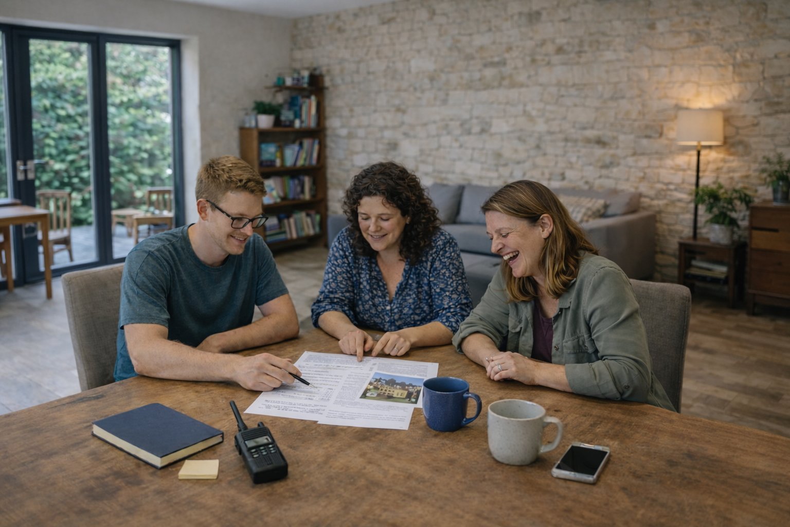 Three people seated around a table, smiling and reviewing documents together.