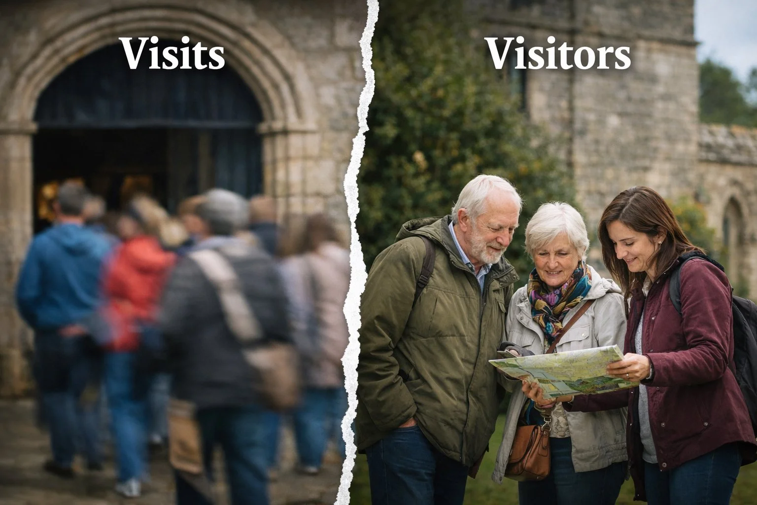 Visitors vs visits concept shown through a split image: blurred crowd entering a historic building on the left and three people studying a map outside on the right